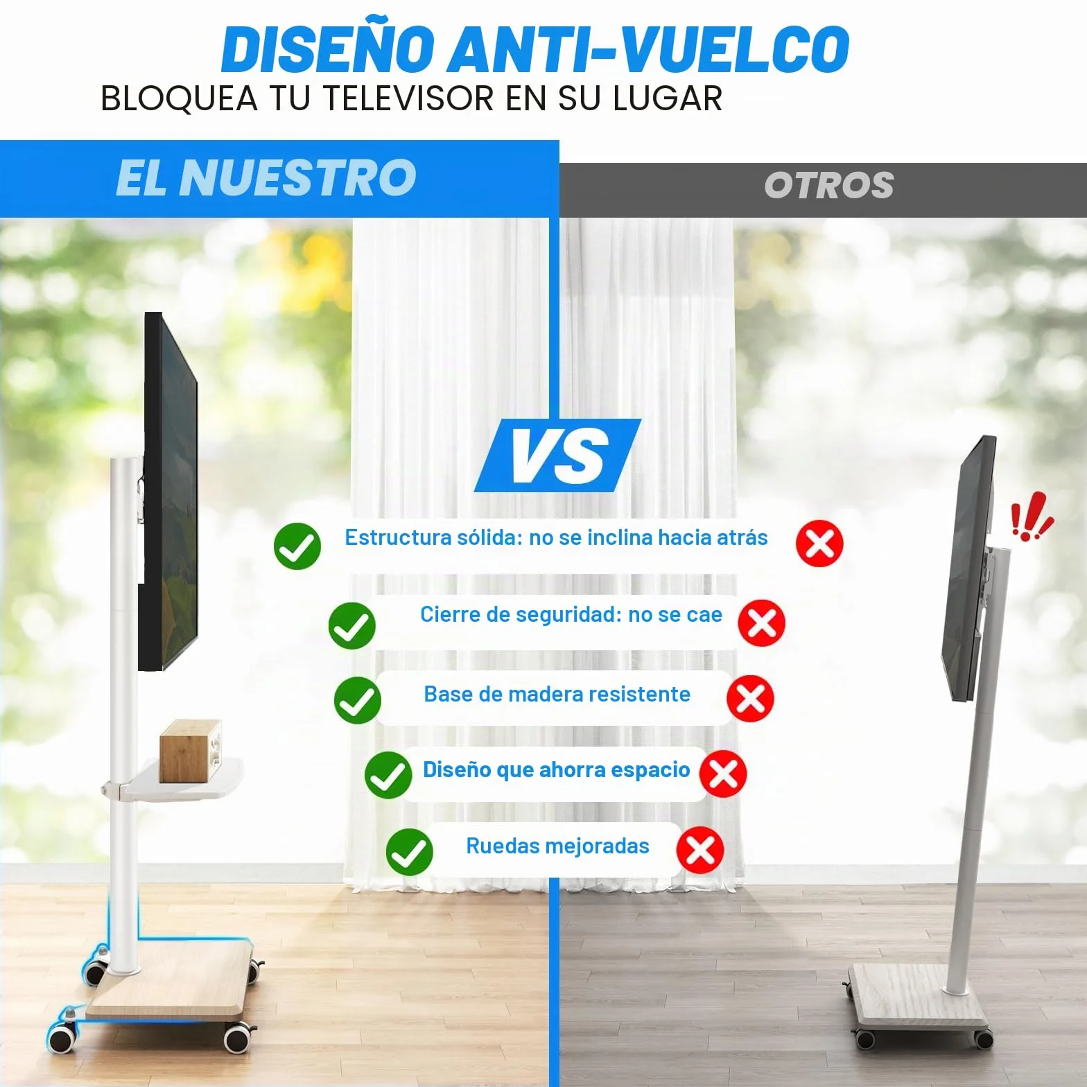 5Rcom Soporte TV Ruedas y Base de Madera para Pantallas de 32 a 70 Pulgadas, Soportes TV con Ruedas, Placa Giratoria y Altura Ajustable MAX VESA 400x400mm (Bianco Puro)