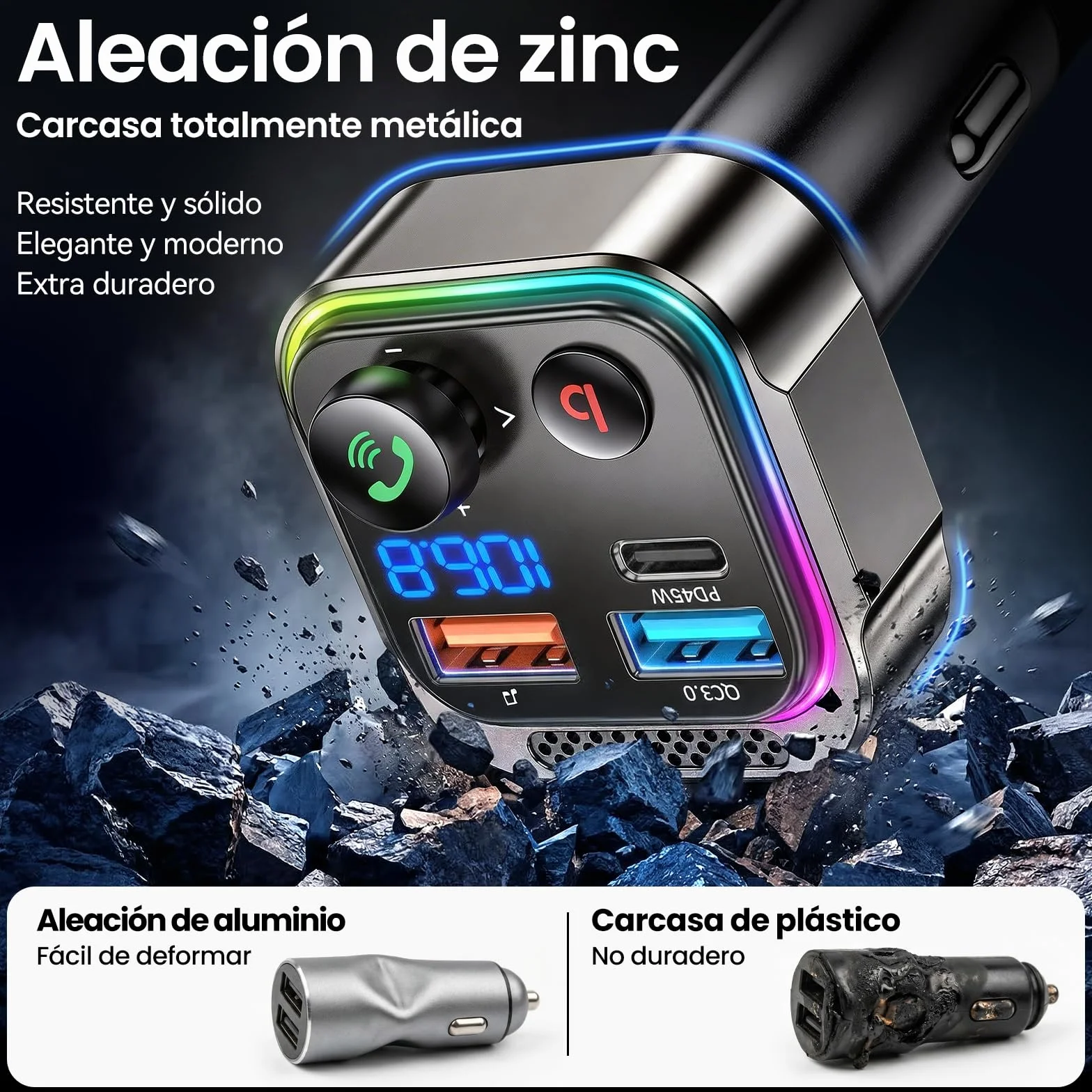 GizmoVine Bluetooth FM Transmitter Car Charger 63W PD 45W 18W Dual USB LED Handsfree Zinc Alloy