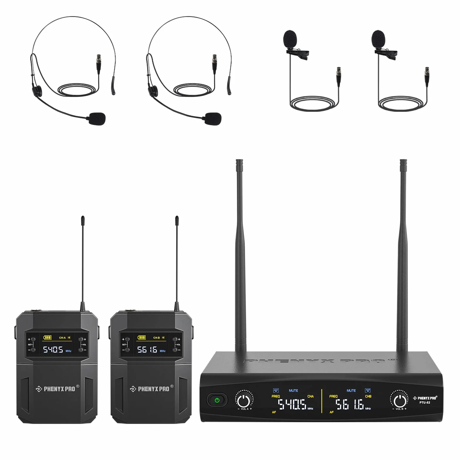 Phenyx Pro UHF Metal Sistema de micrófono inalámbrico Profesional con 2x30 Frecuencias, 2 Bodypacks y Diadema/micrófonos de Solapa para Hablar, Cantar, Iglesia, DJ (PTU-52-2B)