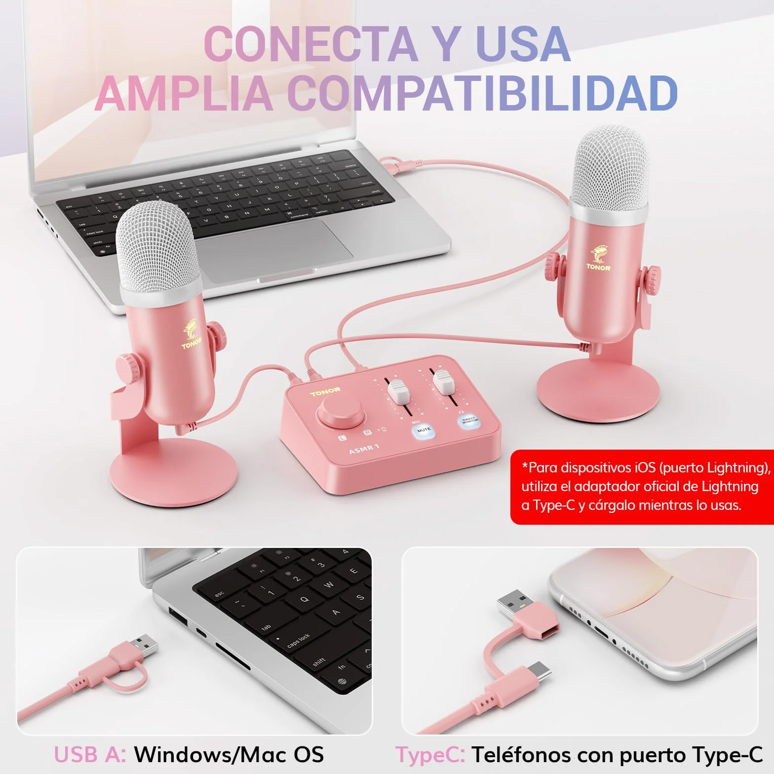 TONOR ASMR Conjunto de Dispos con Interfaz Audio, Micrófono Condensador de Doble Capacitor, Audio 3D Inmersivo, Calidad de Sonido Clara, Volumen Control, para Creación/Grabación/Podcast, Rosa