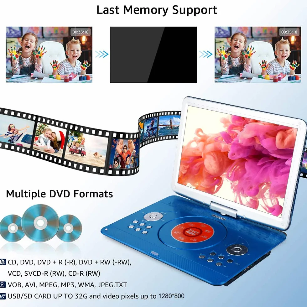 YOOHOO Lecteurs DVD Portables 16,9" Avec Grand écran LCD pivotant de 14,1" Lecteurs DVD de Voyage pour Enfants Adaptateur de Voiture Rechargeable Prise en Charge de la Carte, télécommande, Bleu