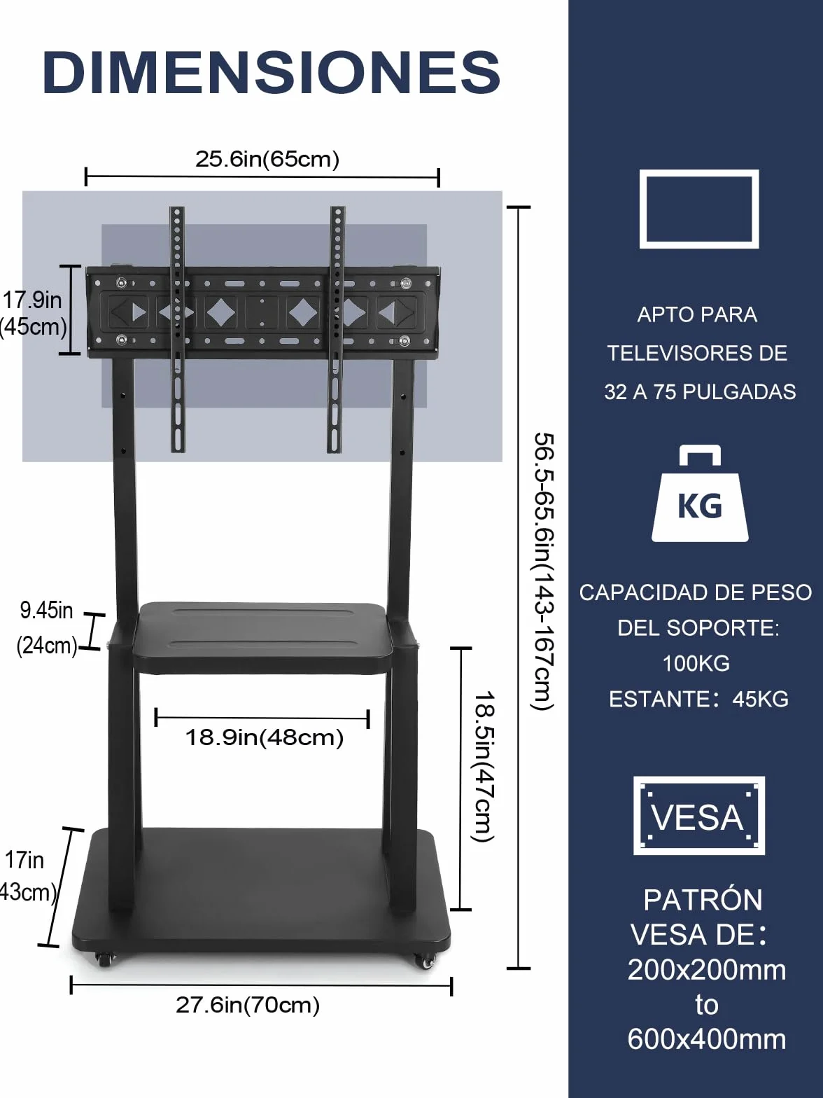 Soporte de TV con Ruedas para móvil Resistente de 32 a 75 Pulgadas Pantallas Planas LCD LED OLED Soporta hasta 45 kg Soporte de TV Portátil con Ruedas con Estante de Altura Ajustable Negro