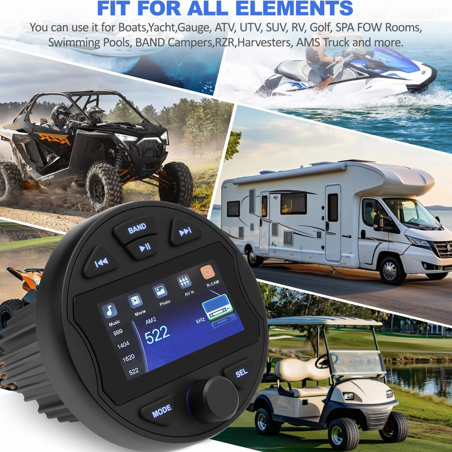 Radio marina RCA subwoofer barco estéreo MP5 reproductor multimedia para BT & FM/AM funcional, USB IPX6 resistente al agua para barcos y uso profesional