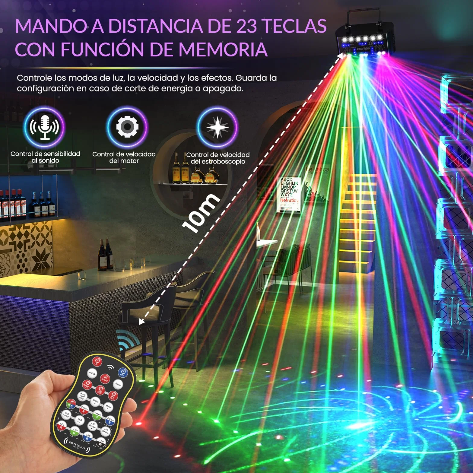 Luces discoteca RGBW & UV con 27 LED y DMX, láser discoteca 3 en 1 con 6 LEDs blancos de 2W, luz estroboscópica y UV, efectos dinámicos para DJ, fiestas y eventos