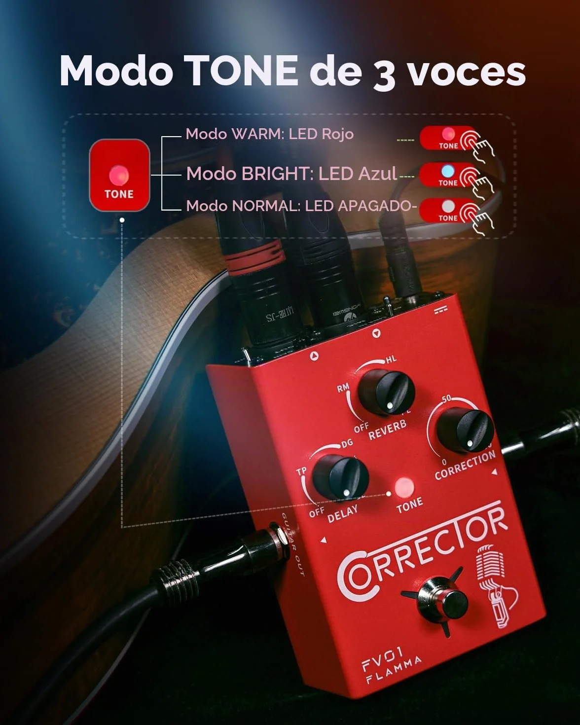 FLAMMA - Procesador de efectos vocales FV01, pedal de corrección de tono, stompbox de voz, amplificador de micrófono para cantantes, streaming, grabación con delay, reverberación y guitarra acústica