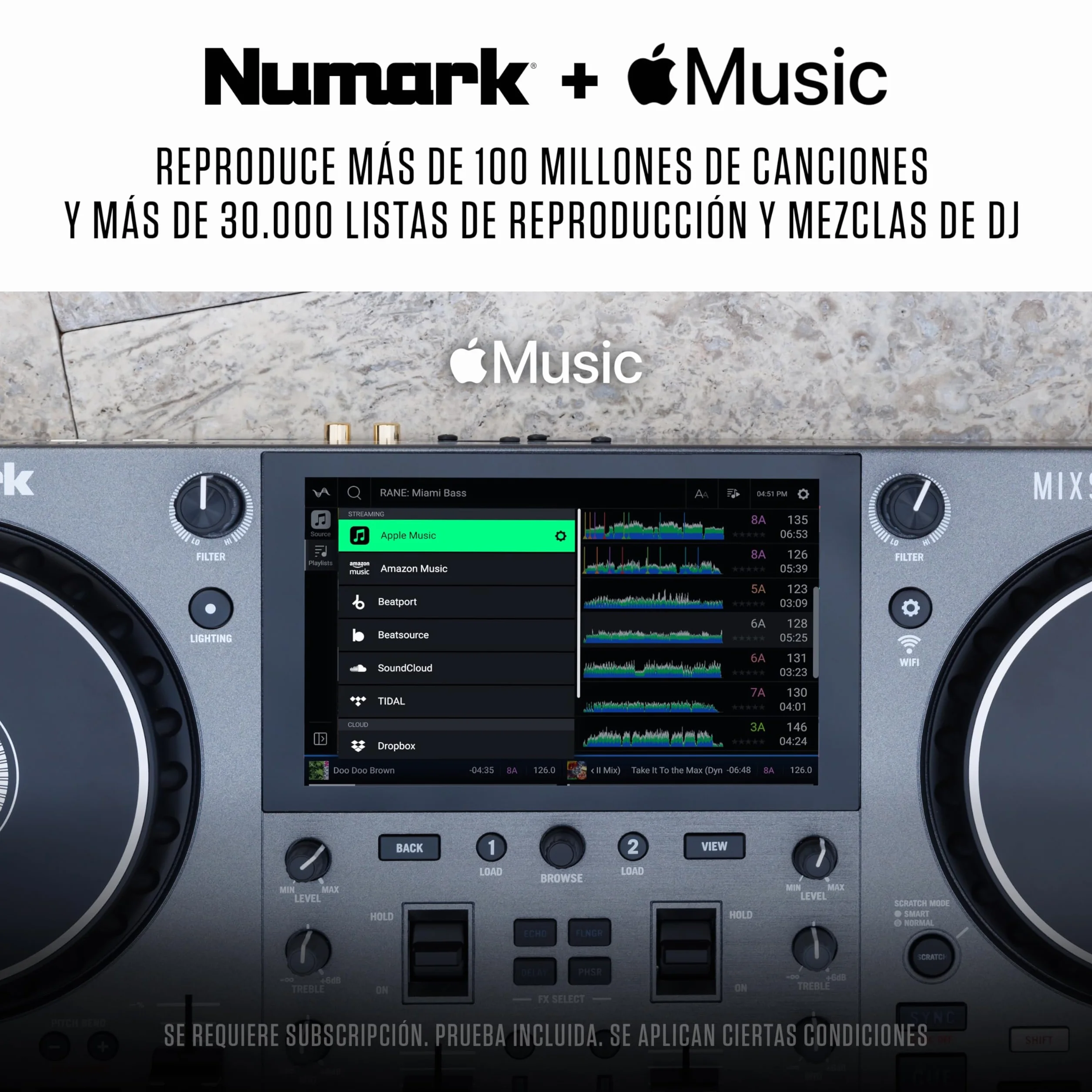 Numark Mixstream Pro Go Controlador DJ portátil, batería, mezclador con separación de stems, altavoces, streaming wifi, pantalla táctil y Serato DJ