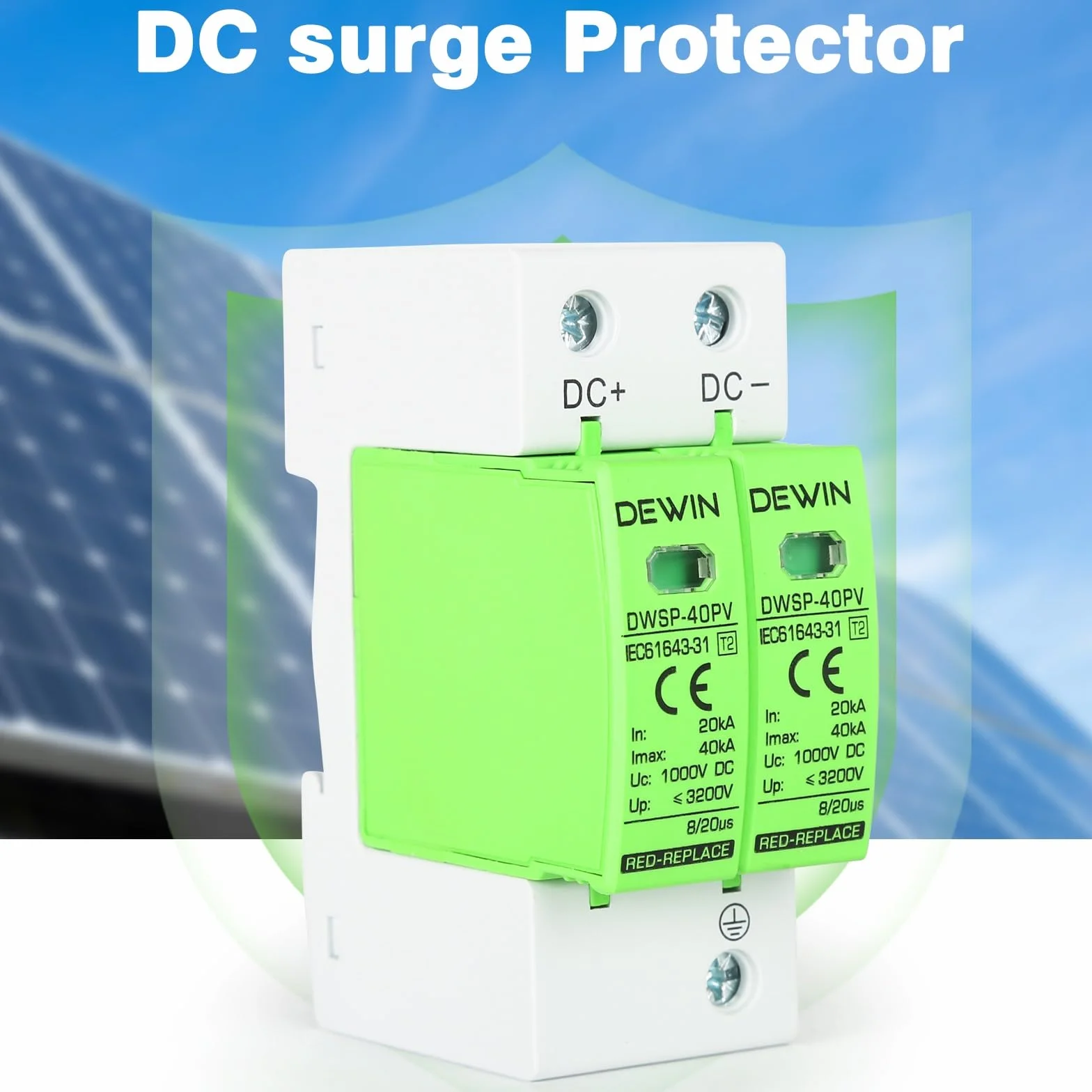 DEWIN Dispositivo de protección contra sobretensiones, 2P 40KA Dispositivo de pararrayos fotovoltaico DC 1000V Protector contra sobretensiones Dispositivo de protección contra rayos Carril DIN de 35mm