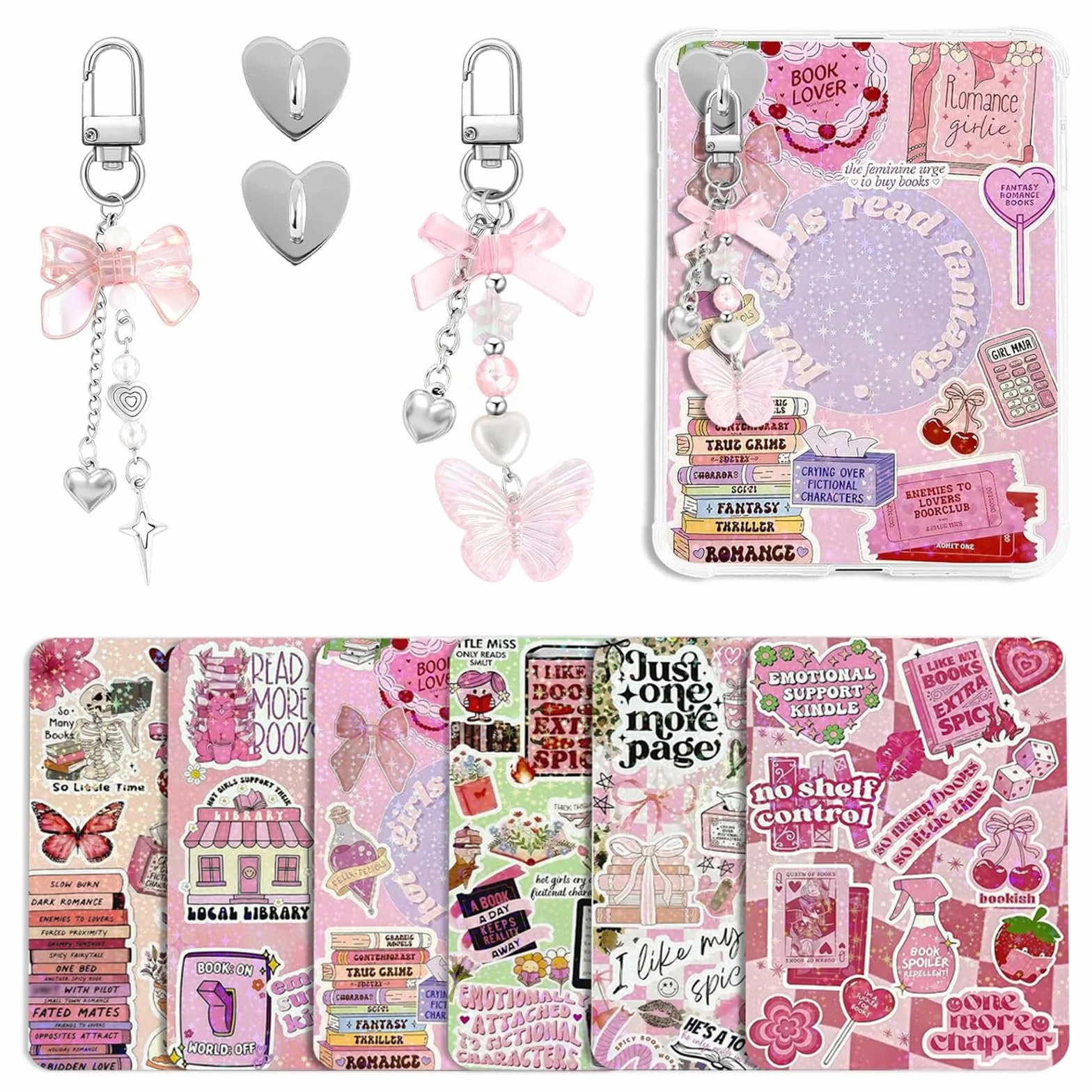 6Pcs Inserciones para Kindle Paperwhite, Set Accesorios E-Reader con 2 Pulseras, Funda Transparente Decoración DIY, Rosa