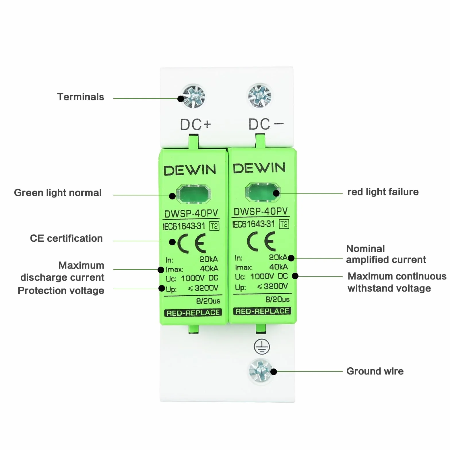 DEWIN Dispositivo de protección contra sobretensiones, 2P 40KA Dispositivo de pararrayos fotovoltaico DC 1000V Protector contra sobretensiones Dispositivo de protección contra rayos Carril DIN de 35mm