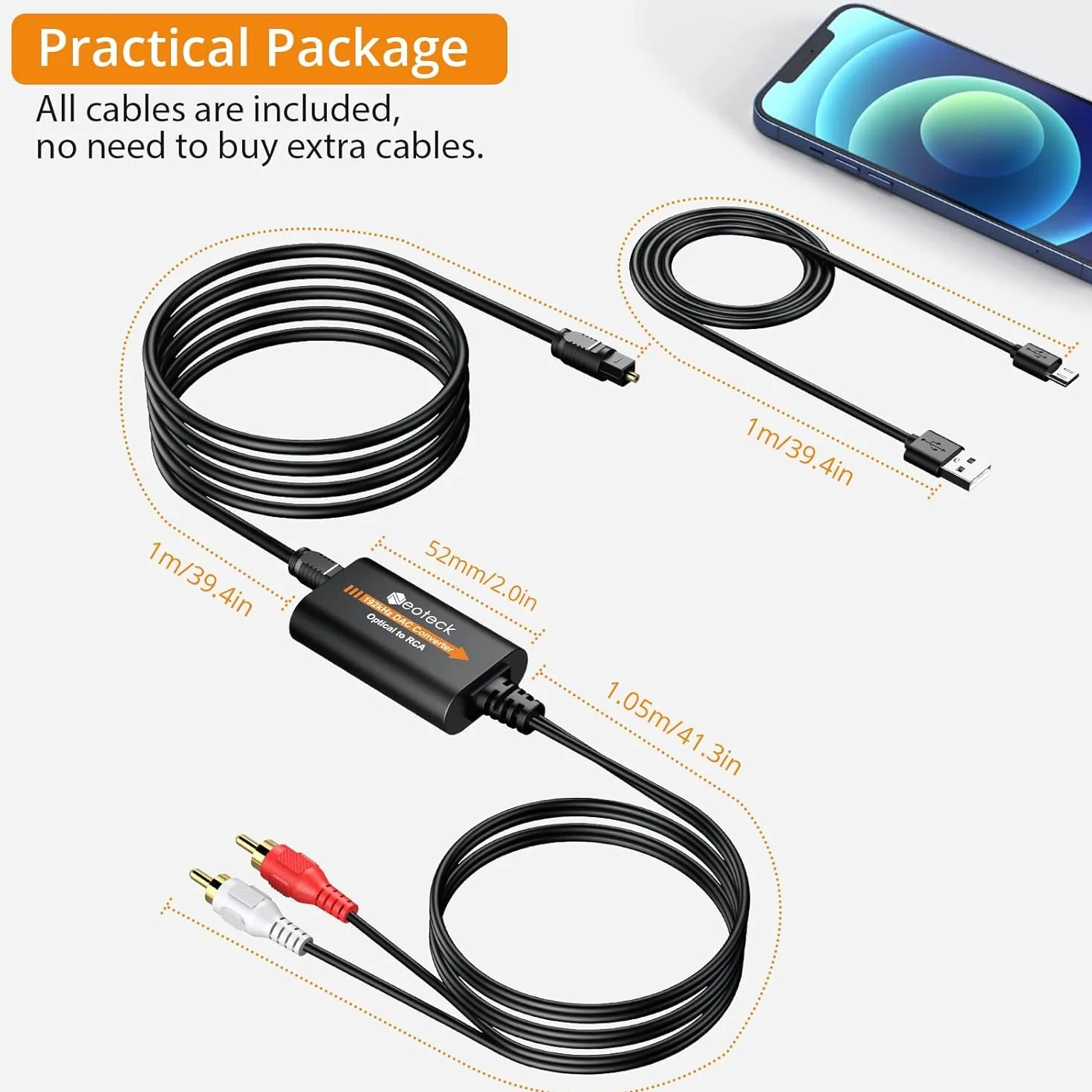 Neoteck DAC Convertidor Óptico a RCA 192 kHz SPDIF a RCA 7ft/2.1m para HDTV