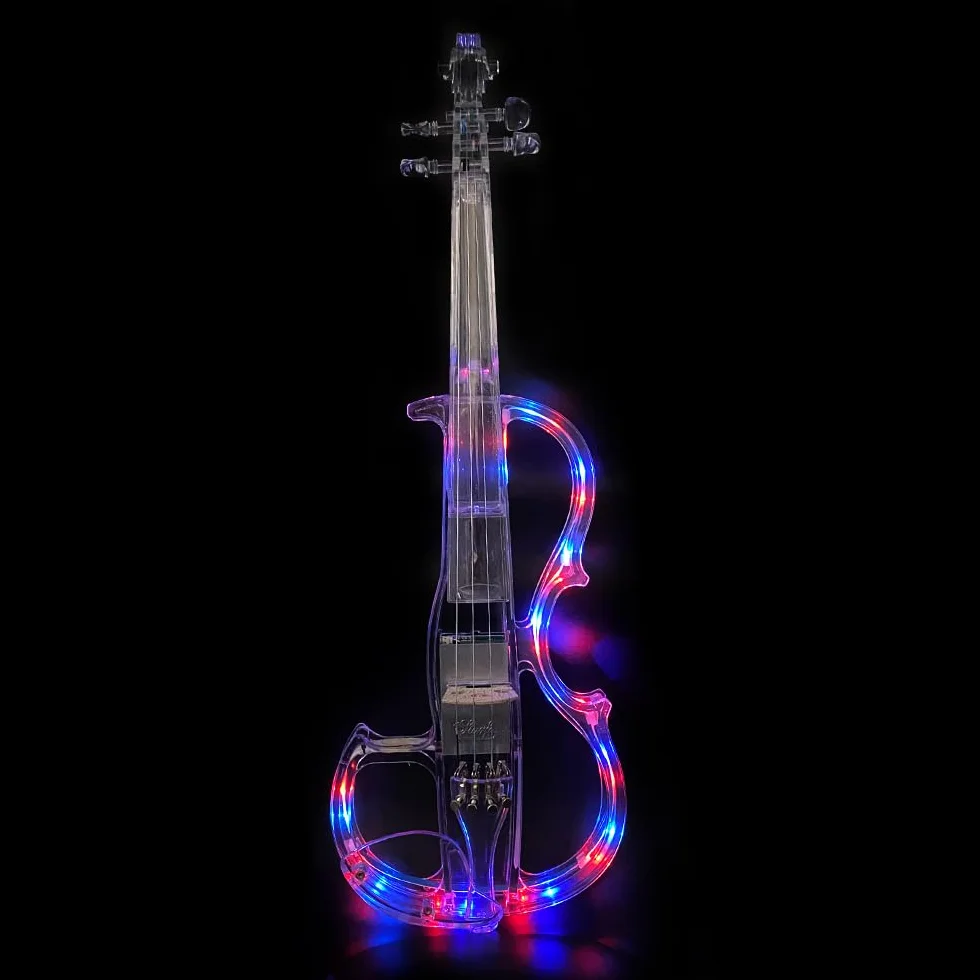 Violín eléctrico de tamaño 4/4, cuerpo de vidrio acrílico transparente, 3 colores, luz LED, bonito tono con funda, lazo, elv-led