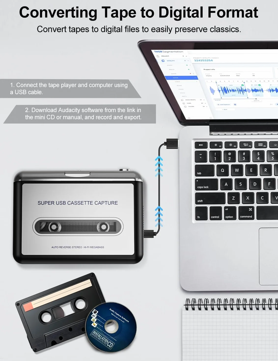 Reproductor de casete portátil con grabador MP3, compatible con PC/Mac, plata
