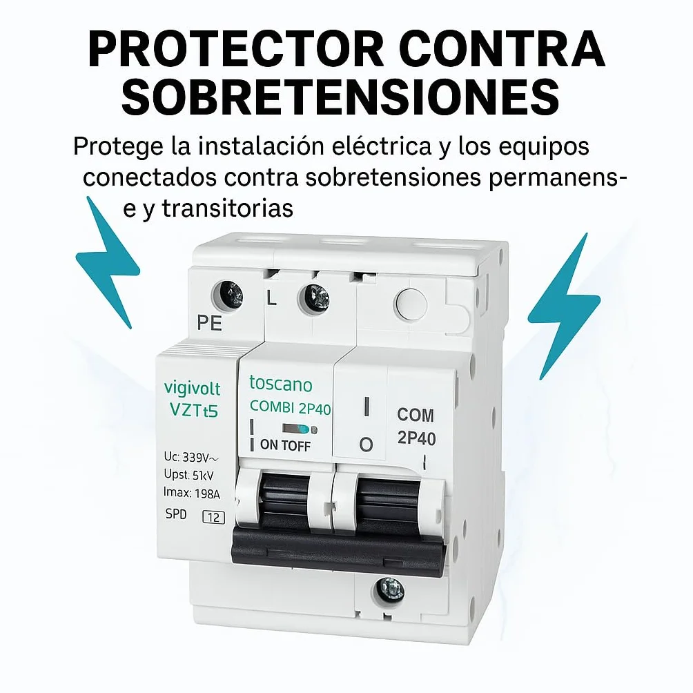 Rasmacor | Tóscano Protector Sobretensiones Transitorias y Permanentes 2P 32A COMBI-2P32T15 Toscano | No instalar en líneas sin neutro 240V | IGA 10kA | Imax 15kA | Montaje en Rail DIN