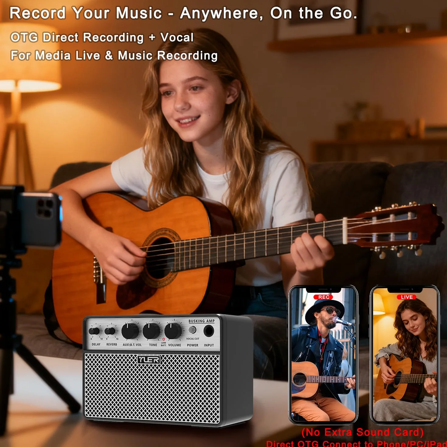 Yuer BA-10Pro - Amplificador de guitarra acústica de 10 W, amplificador portátil de voz y guitarra con retardo digital/efecto reverberación, conector para auriculares/OTG para grabación, práctica