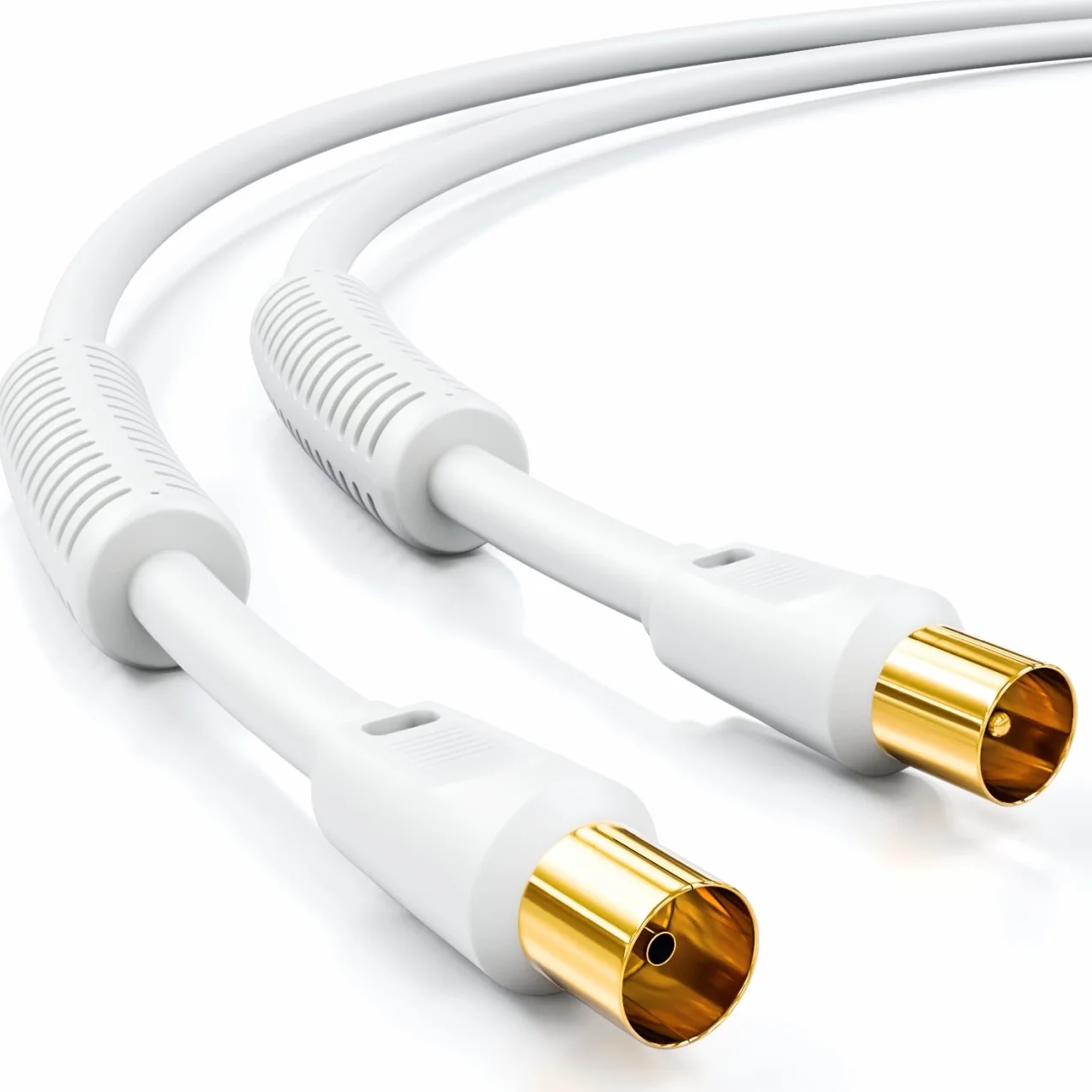 deleyCON 15m Cable Antena TV (Conector IEC a Acoplador IEC) Coaxial HDTV Cuádruple Blindaje 2x Núcleo Ferrita Filtro Corriente DVB-T DVB-T2 Radio DAB - Blanco
