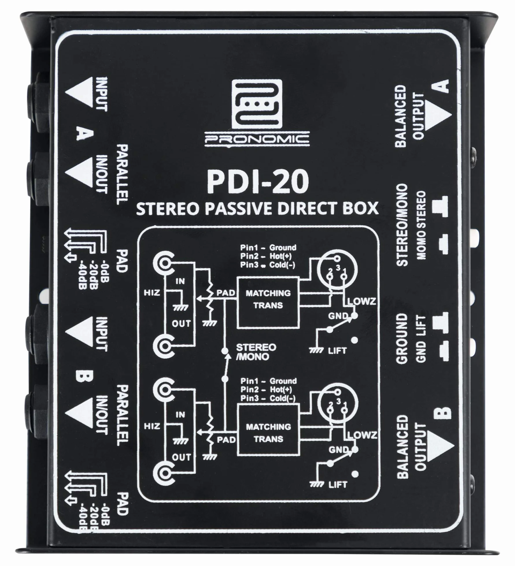 Pronomic PDI-20 caja DI pasiva estéreo - Rango de frecuencia: 15 Hz - 30 kHz - Interruptor estéreo/mono - Interruptor de atenuación - Ground-Lift - negro