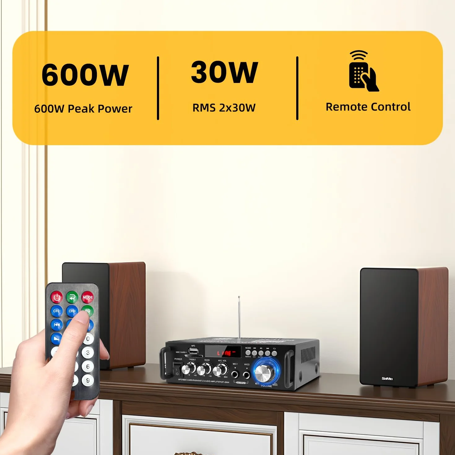 Mini Bluetooth Amplificador Audio, 600W HiFi de 2.0 Canales Audio Stereo Music Reproductor, SD Card/USB Input/FM Radio, para PC, TV, Amplificador Coche, casa Altavoz, subwoofer BT 12v 220V (600W)