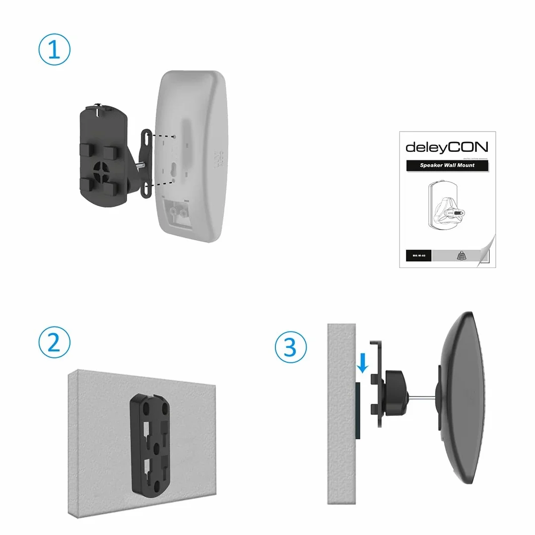 deleyCON 4X Soporte Universal para Altavoces y Bafles de Grado de Rotación + Inclinación hasta 10kg de Carga Instalación en Paredes y Techos - Negro