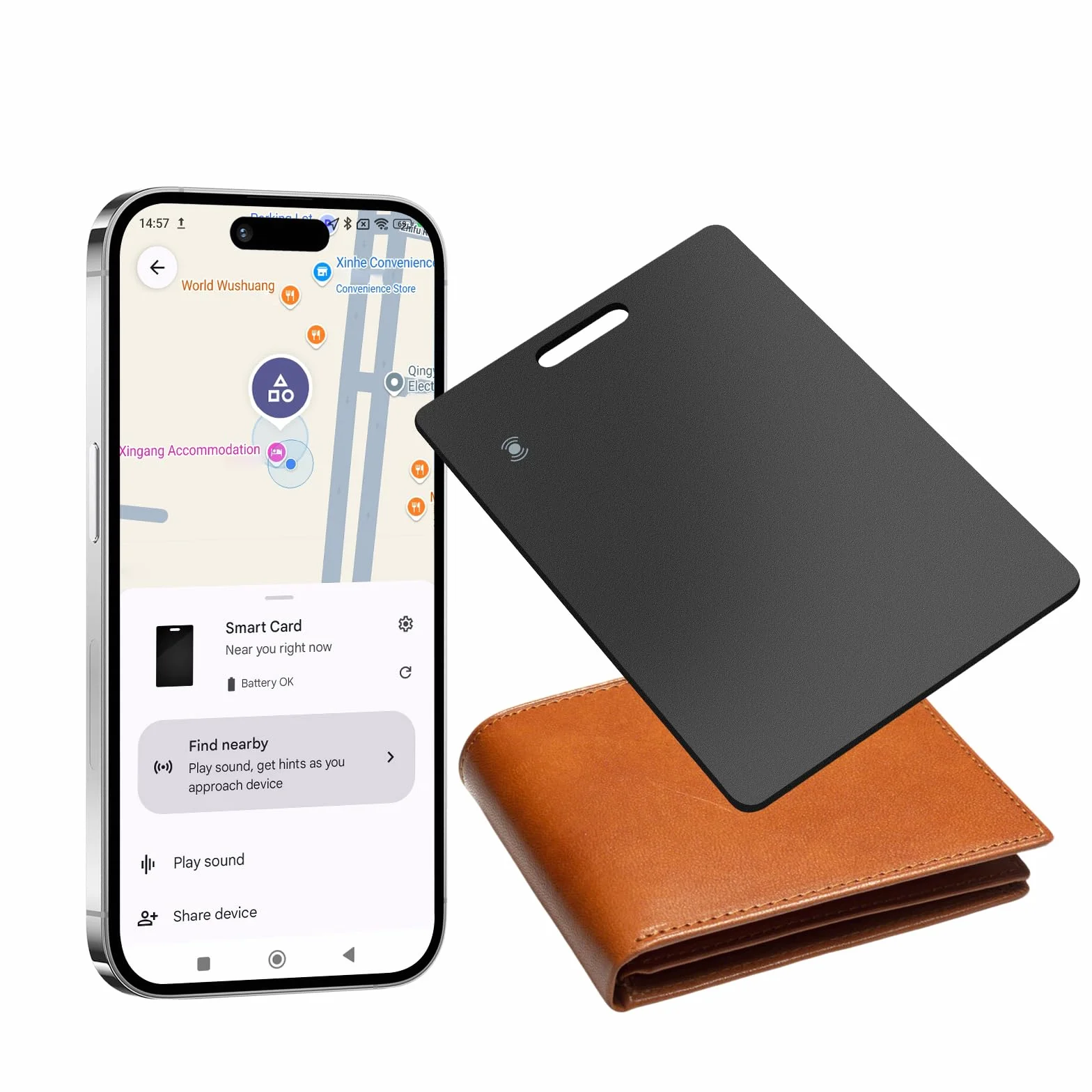 Localizador de billetera para Android, tarjeta del rastreador de billetera delgada de 2 mm, compatible con la aplicación Google Find My Device (solo Android), IP68 impermeable, carga inalámbrica