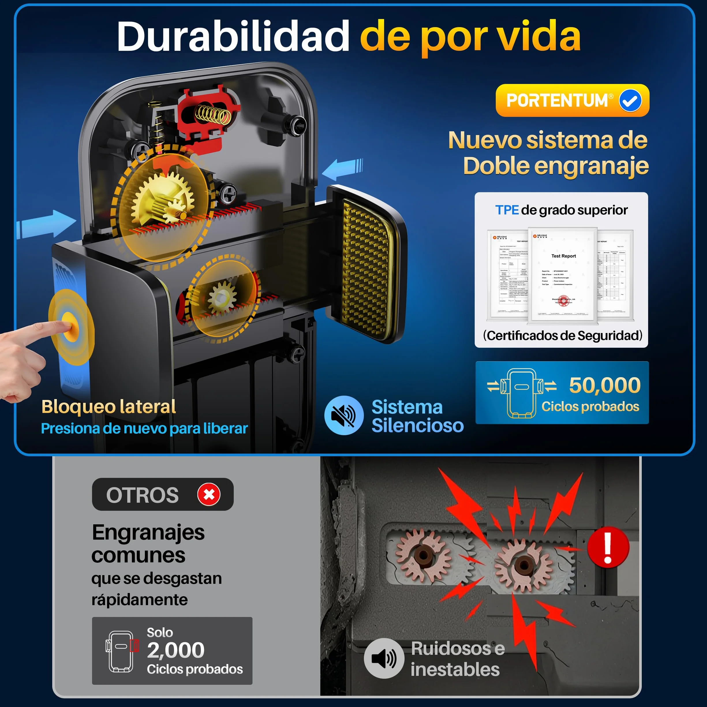 PORTENTUM Soporte movil Coche Rejilla de ventilación Triple Anclaje Rotación 360° orientable Compatible 4-7.5"