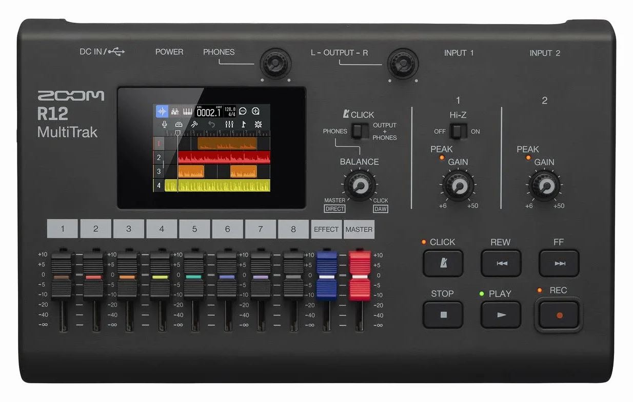 Zoom R12 MultiTrak Grabadora multipista portátil, con pantalla táctil, edición integrada, 8 pistas, 2 entradas combo XLR/TRS, efectos, Synth, Drum Loops, alimentado por pilas e interface de audio USB