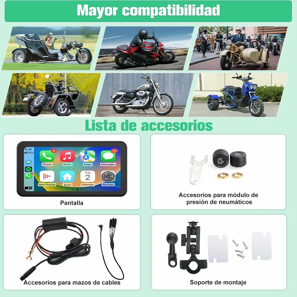 AWESAFE 6.25" GPS Moto Pantalla con Advertencia de Presión de Neumáticos/Cámara Frontal/Bluetooth/GPS/Siri/Asistente de Go0gle/Resistente Al Agua IPX8,Pantalla Moto Carplay y Android Auto Inalámbrico