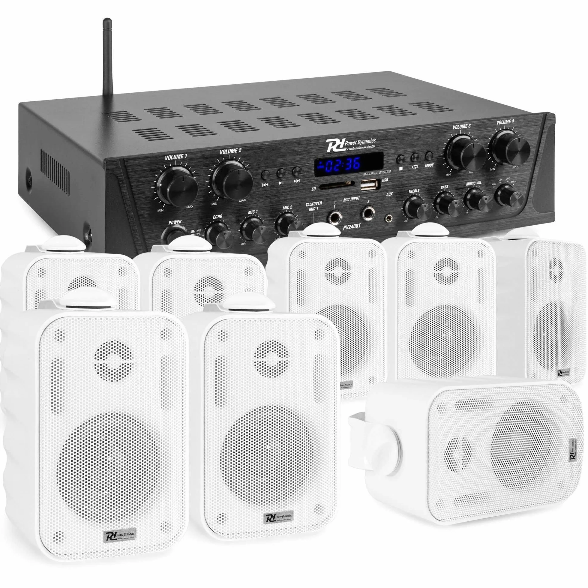 Sistema de Sonido de 4 Zonas con Bluetooth, FM y MP3 – Amplificador 400W + 8 Altavoces Blancos Resistente al Agua IPX5 para Interior y Exterior – Incluye 100m de Cable y Mando a Distancia
