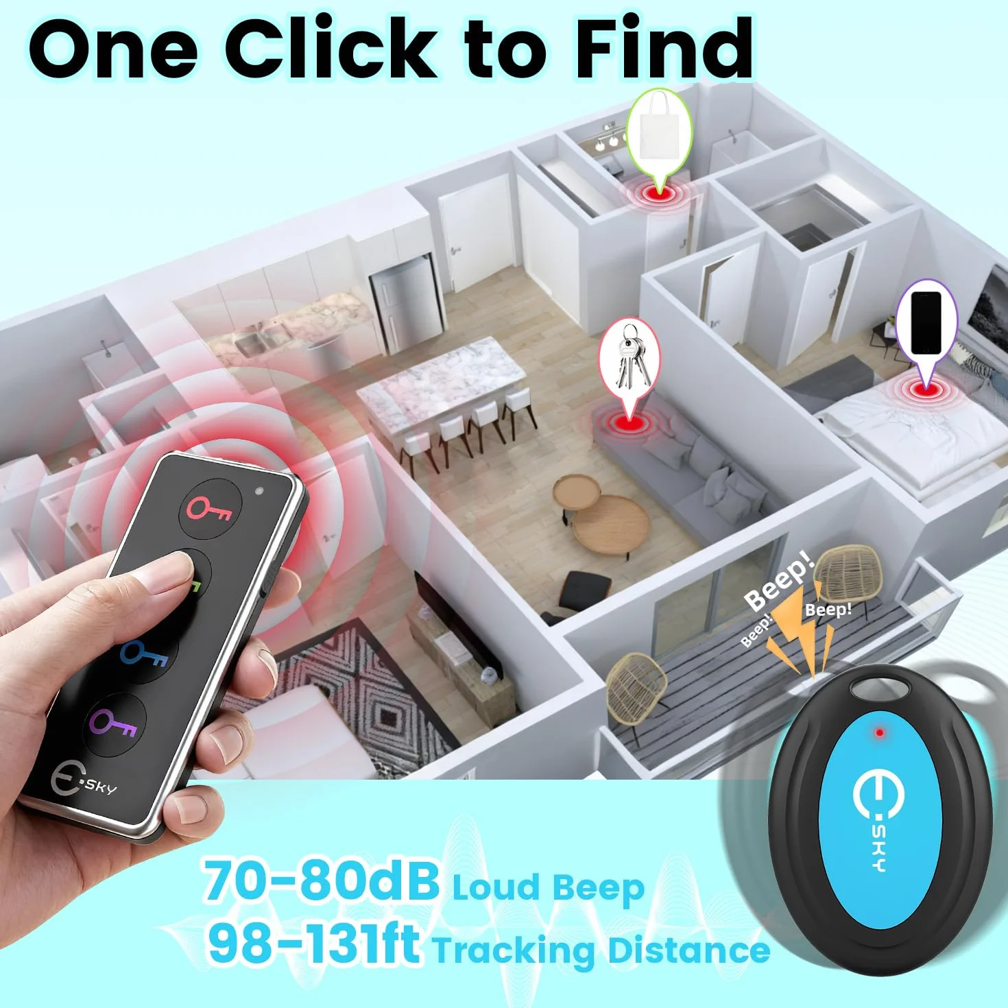 Esky Buscador Llaves, Localizador de Llaves 80dB Localizador Inalámbrico de Llaves con Base de Soporte y LED Control Remoto 1 Radio Frecuencia Transmisor 4 Receptores Negro