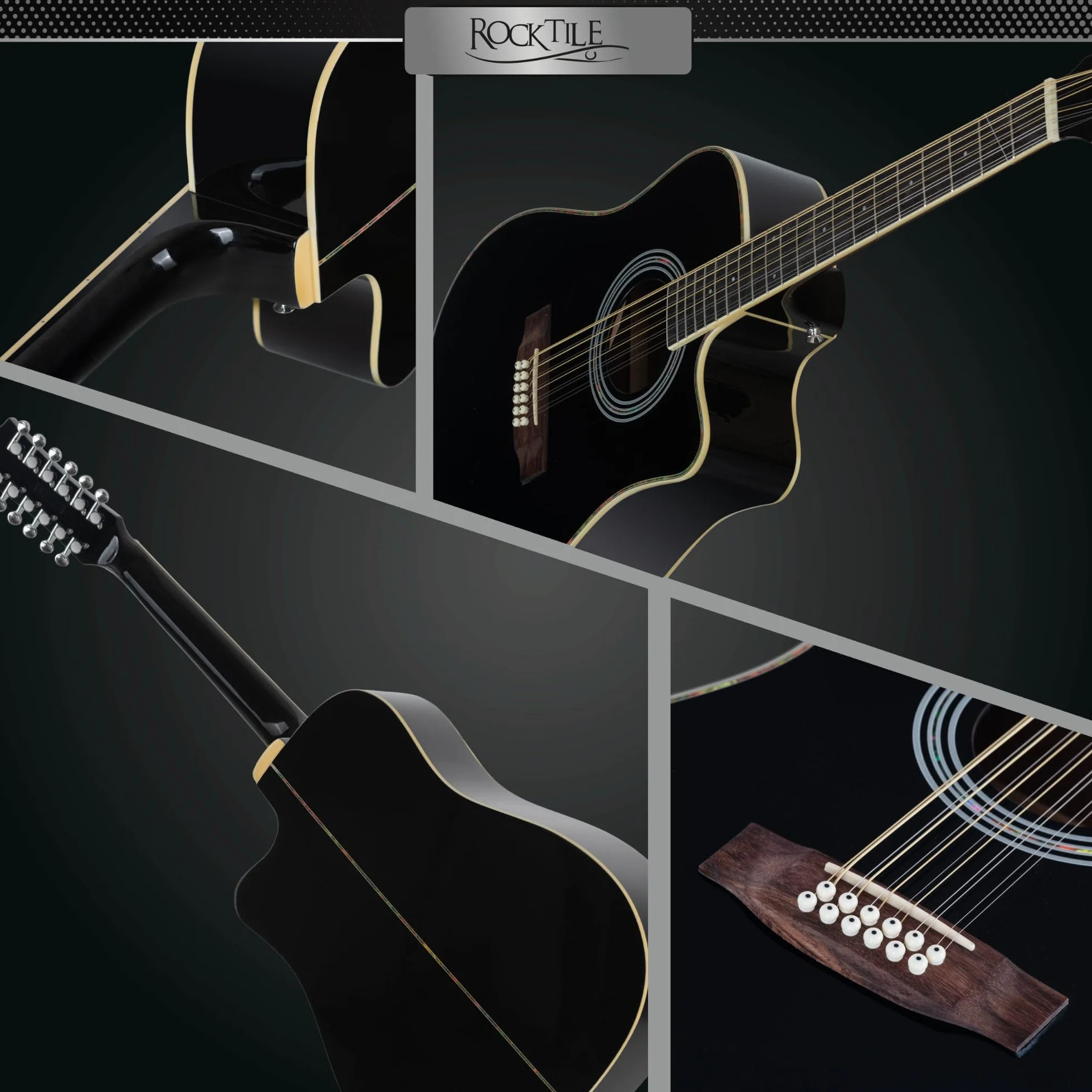 Rocktile WSD12-50C-BK Guitarra Western - Dreadnought De 12 Cuerdas Con Cutaway - Tapa De Abeto Y Cuerpo De Caoba - Diapasón De Palisandro - Acabado Gloss - Negro