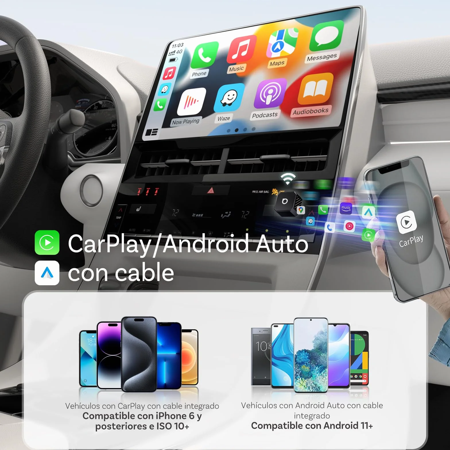OTTOCAST Mini Pot 2026, Adaptador inalámbrico 2 en 1 para CarPlay y Android Auto, Compatible iOS 10+/Android 11+ y Coches con Carplay Desde 2016, Plug & Play, USB-A/Tipo C, Actualización OTA, Negro