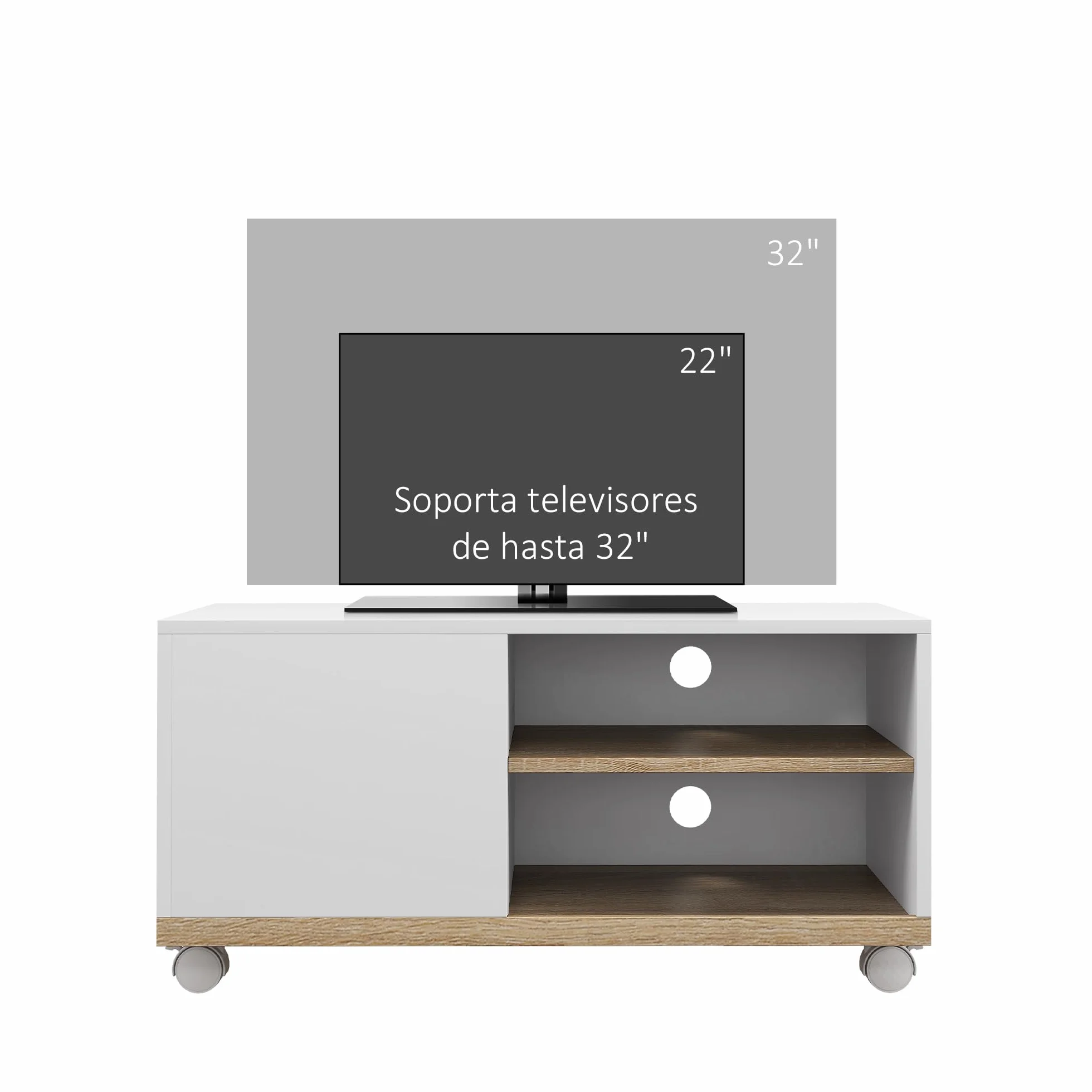 HOMCOM Mueble TV de Salón Moderno con Ruedas Mesa para Televisores de 42 Pulgadas Módulo TV con 1 Puerta y 2 Estantes de Almacenamiento 80x45x41 cm Blanco