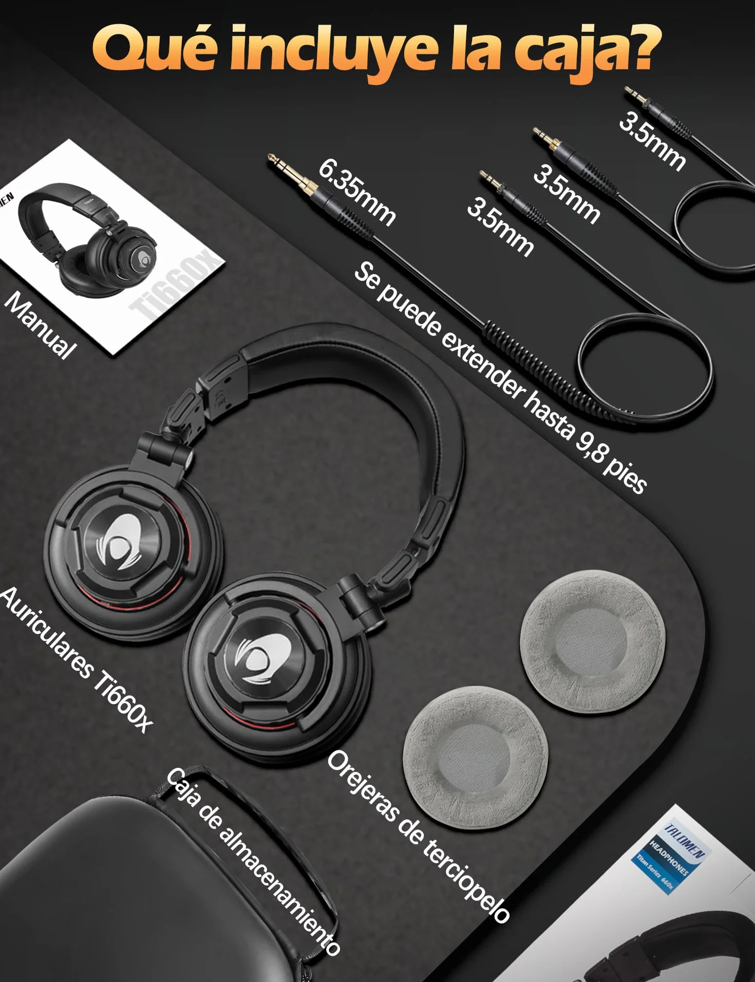 talomen TI660X Auriculares DJ con Cable,Auriculares de Estudio,auriculare con HD,50mm Controladores,Conector de 3.5 y 6 mm,Earphones de Ruido para pc Piano Guitarra AMP Grabación de Teléfono,Negro