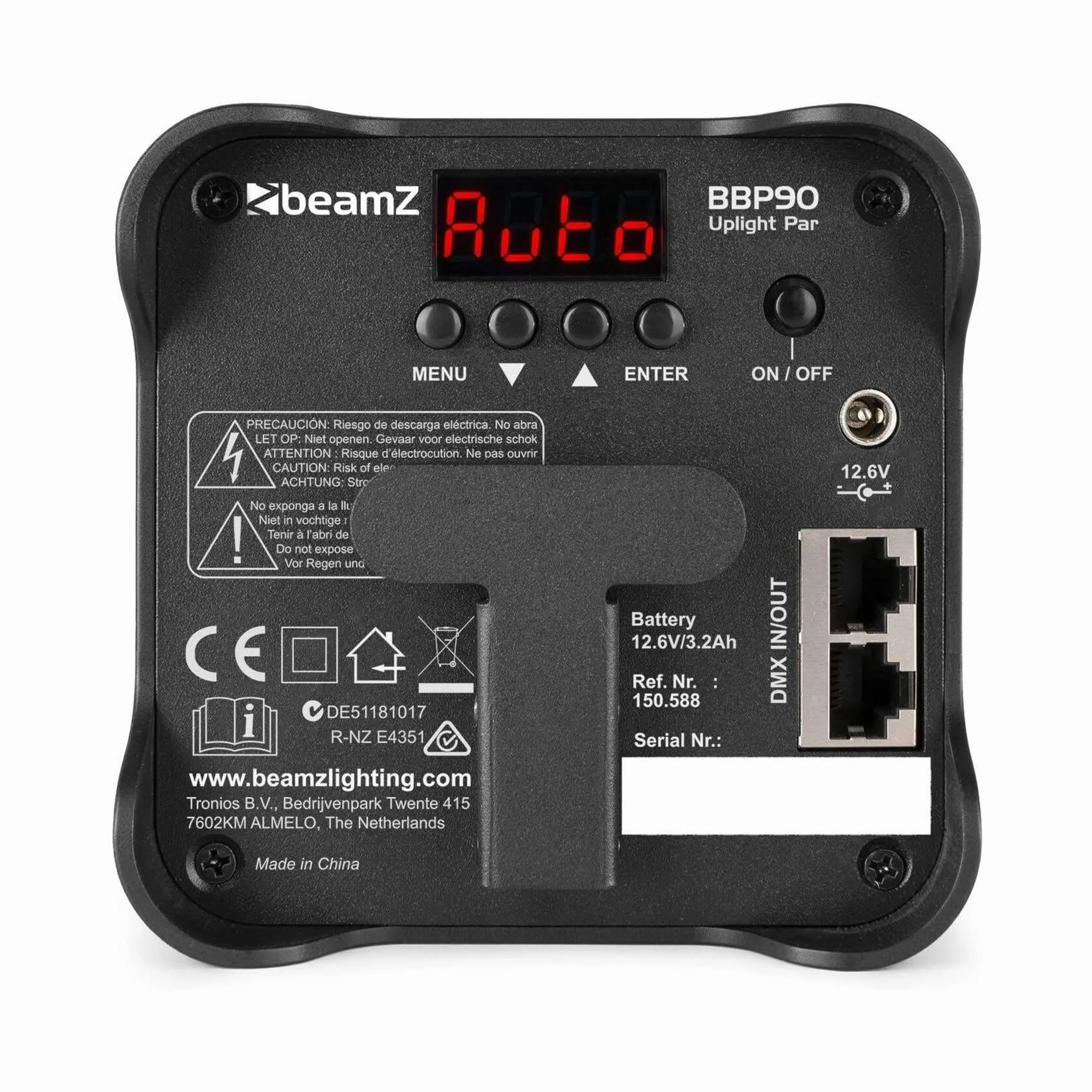 BeamZ BBP90 – Pack 4 unidades – 4 Foco Par Led batería 4 x 4W RGB-UV, mando IR, DMX 7ch RJ45 con adaptador XLR, 1077 lx, 24°, dimmer 16bit, estrobo 1–22Hz, hasta 20h, recarga 3h, IP20, color negro