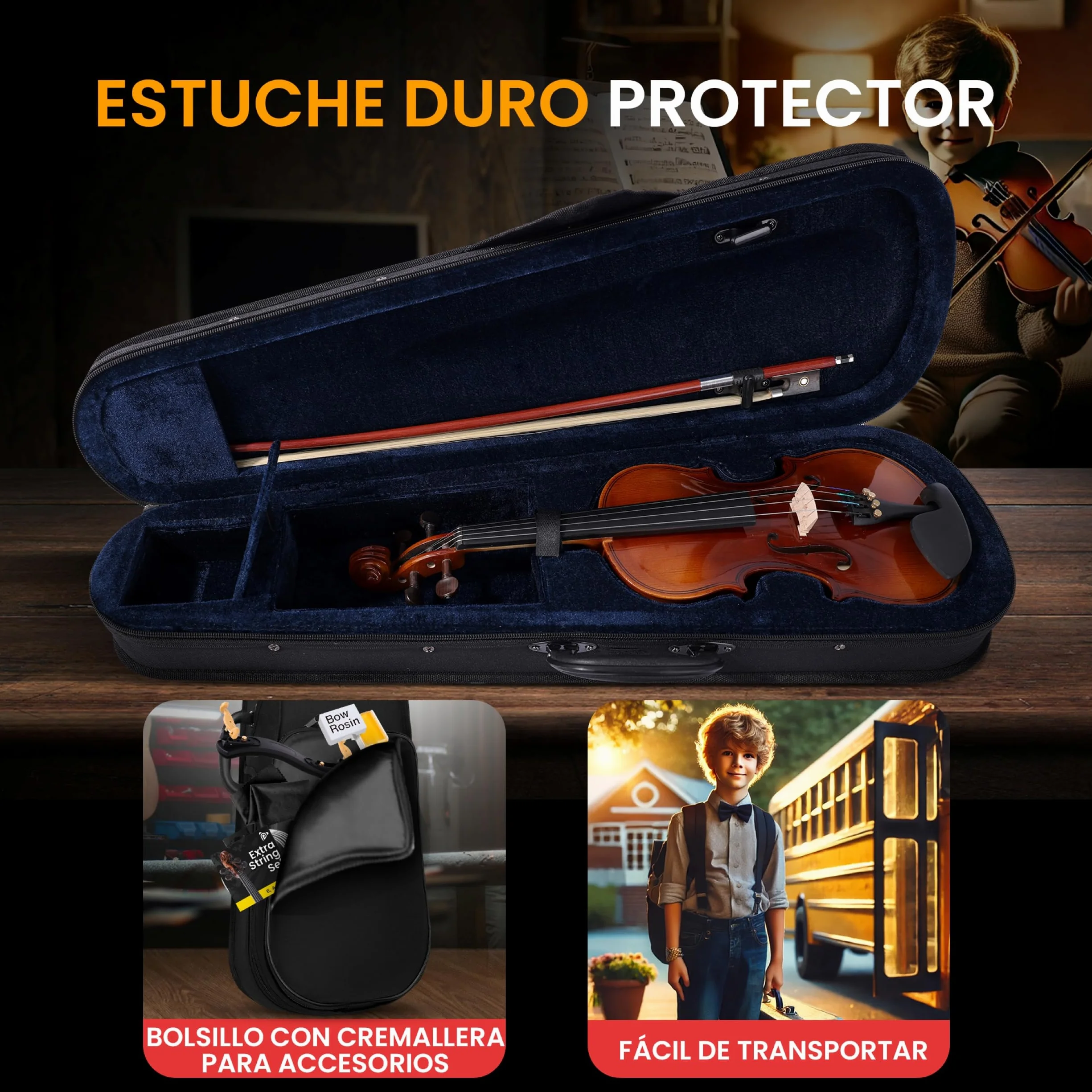 Pyle violin 4/4, Set para principiante y niños, Con estuche, Paño de limpieza, Reposabrazos ergonomico, Afinador digital, Cuerdas adicionales