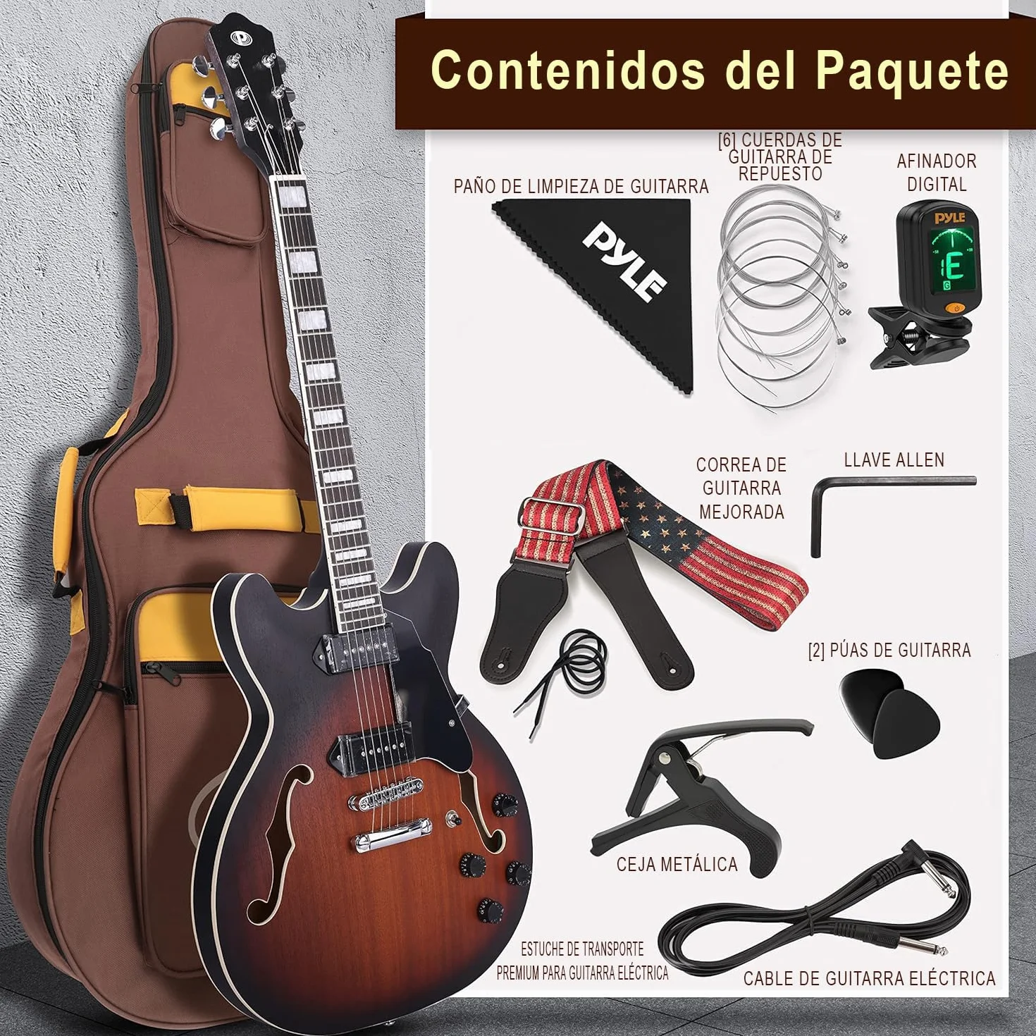 Pyle kit de guitarra electrica de cuerpo semihueco, Tamaño completo, 41.8”, Set de instrumentos de jazz con funda, Acabado mate y Sunburst