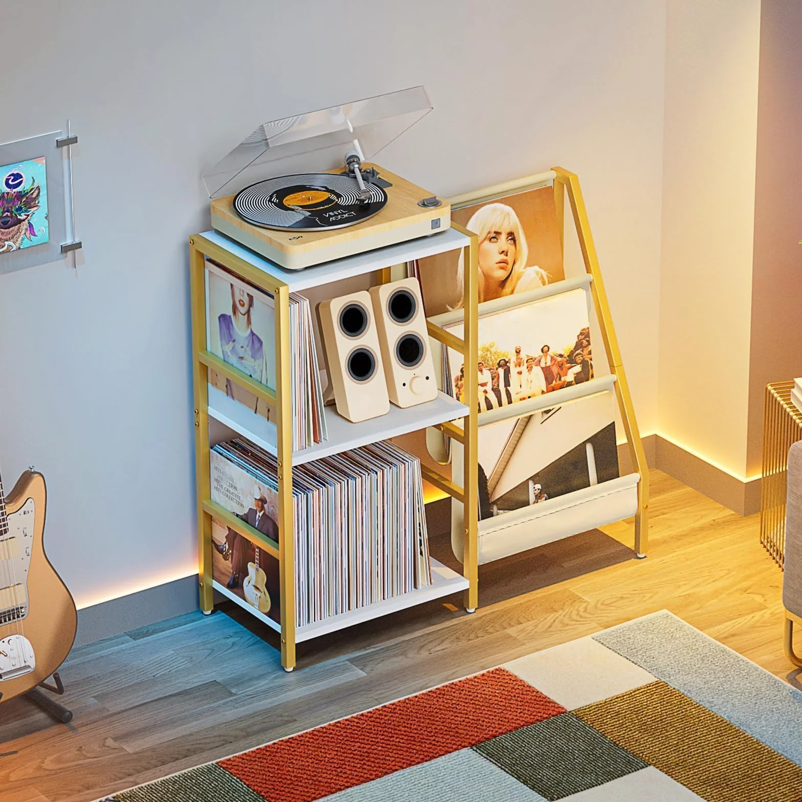Bikone Mueble para Tocadiscos con 3 Niveles Almacenamiento de Vinilos – Mesa Giradiscos con Estante Expositor, Capacidad para 200 Discos, Consola de Medios para Estéreo y Equipos de Audio (Dorado)