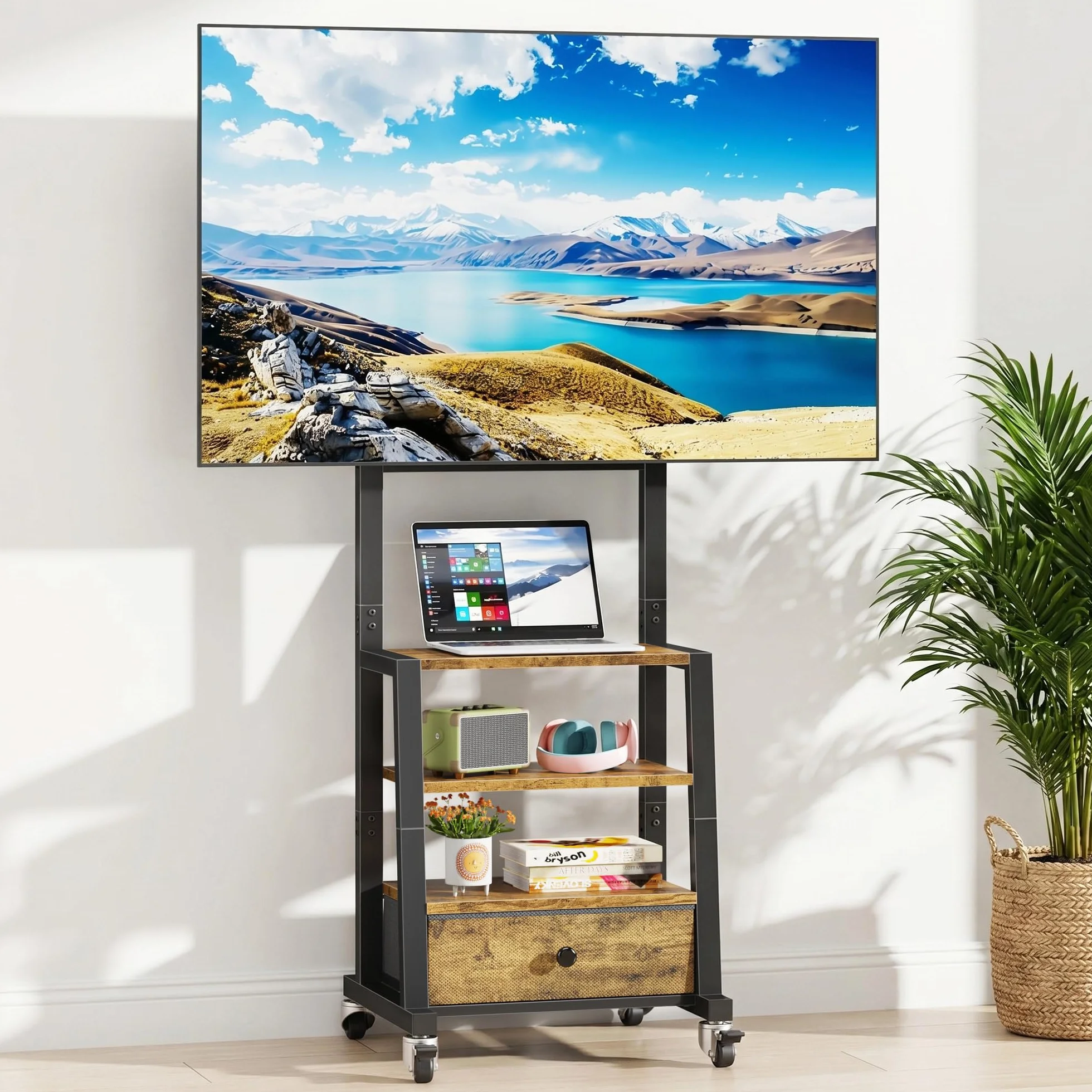 Soporte TV con Ruedas para Televisores de 32 a 60 Pulgadas, Soporte TV Pie con 3 Estantes y Cajón de Tela, Mueble TV Suelo de Altura Regulable, VESA 400x400 mm, hasta 40 kg, Marrón Vintage
