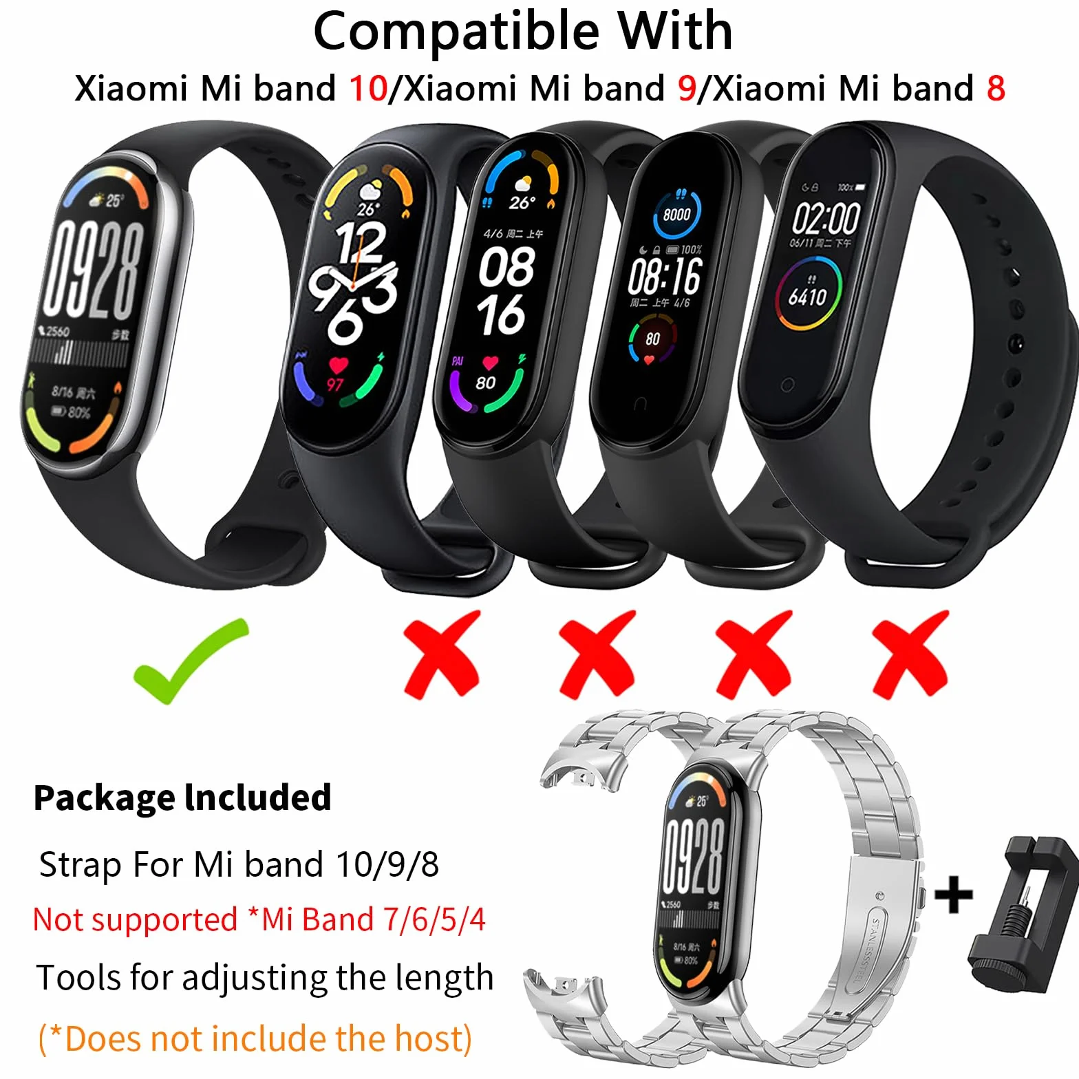 BDIG Correa Compatible para Xiaomi Mi Band 10/9/8, Pulsera de Repuesto de Acero Inoxidable Hebilla Ajustable Plata