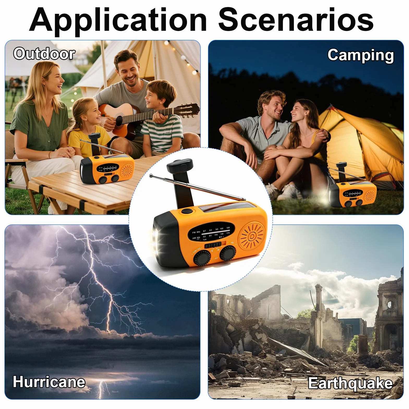 Radio Solar de Emergencia con Manivela manivela portátil Radio Portátil Am/FM con 3 potentes Luces LED Batería 600mAh USB Recargable para Cargar Móvil para Supervivencia Camping Senderismo Apagones