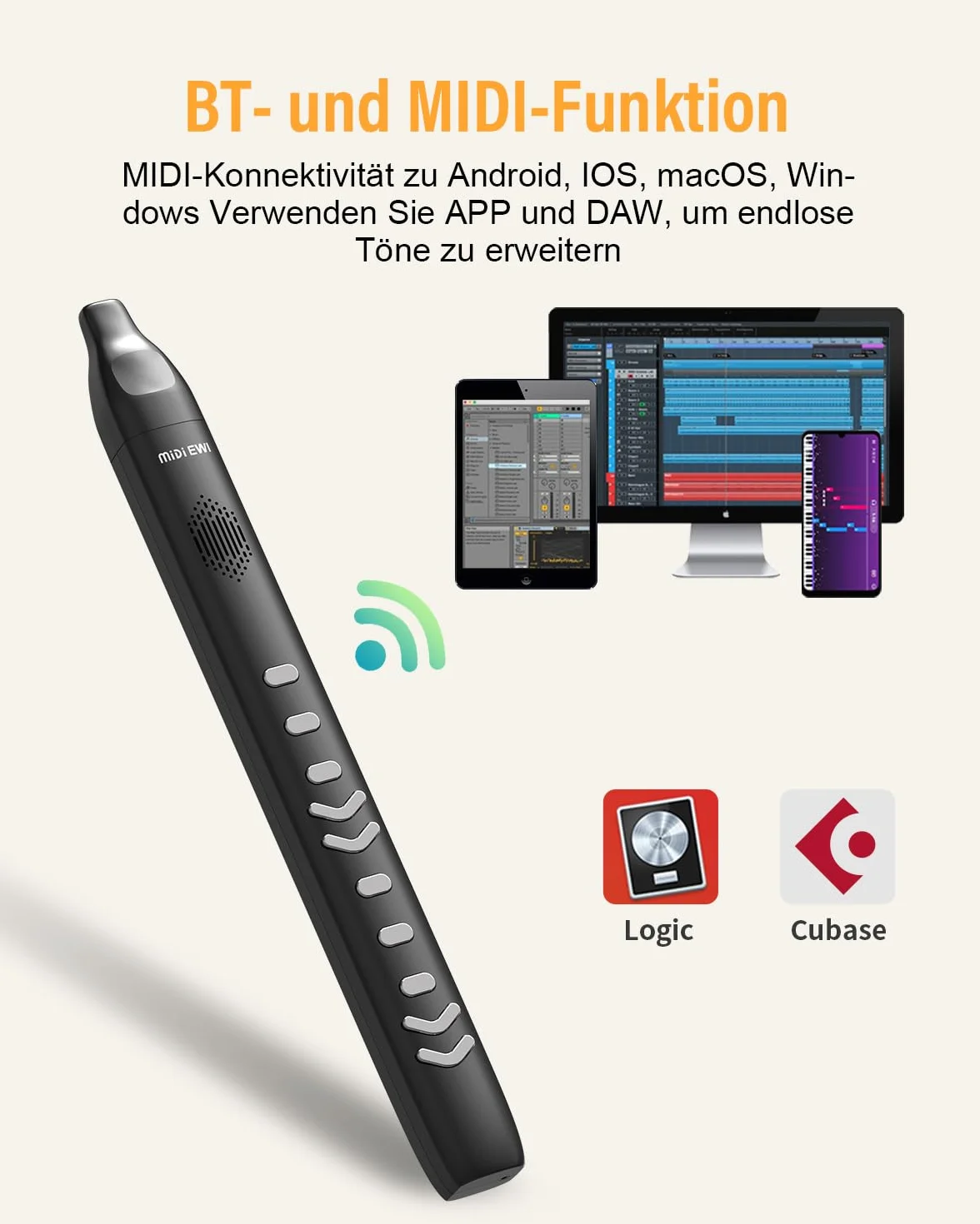 Instrumento de Viento Digital Eléctrico Negro - Compatible con Bluetooth MIDI - Con Cable de Alimentación