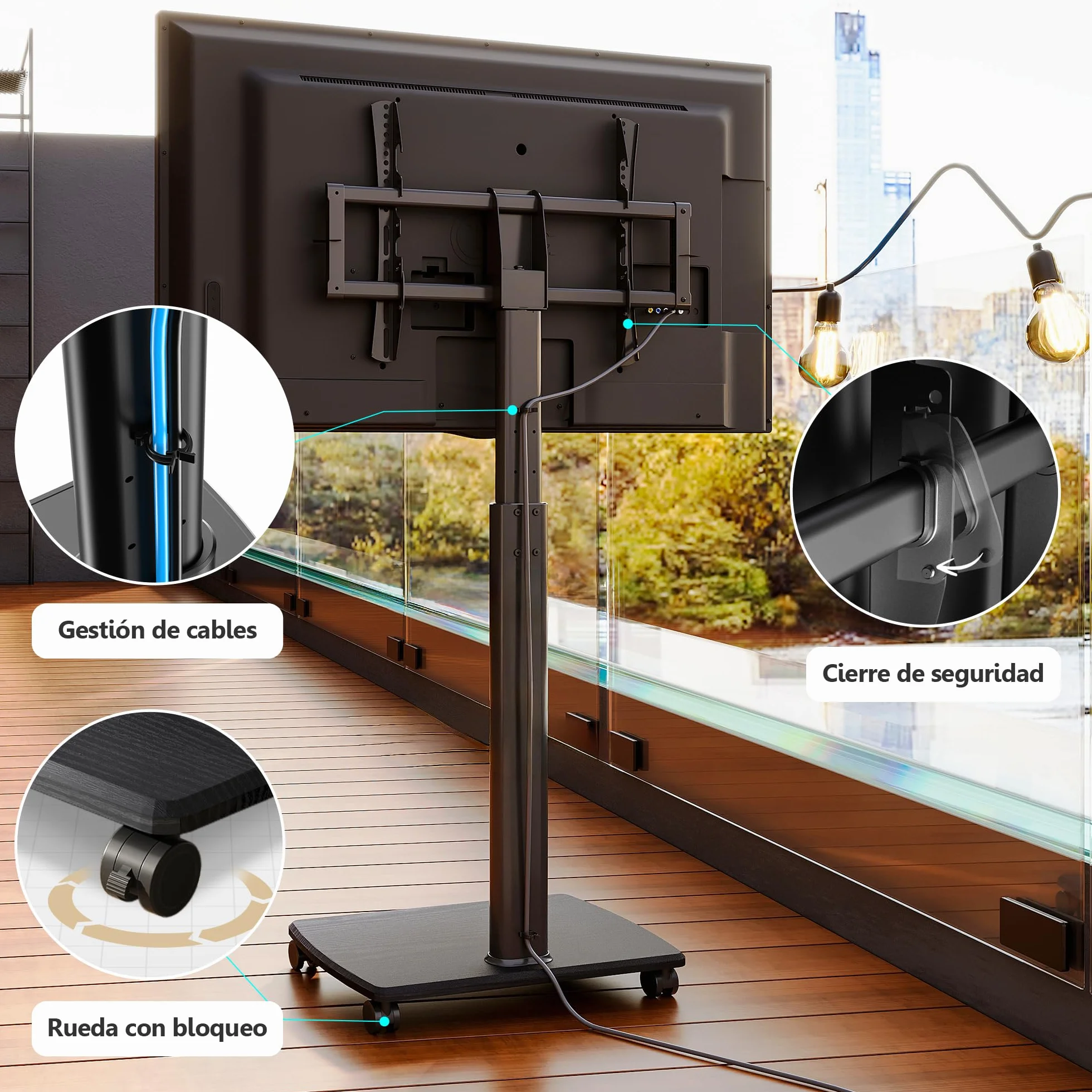 FITUEYES Soporte TV con Ruedas Serie E Base Madera 32-70 Pulgadas MAX VESA 600x400mm Giratorio Ajuste Altura