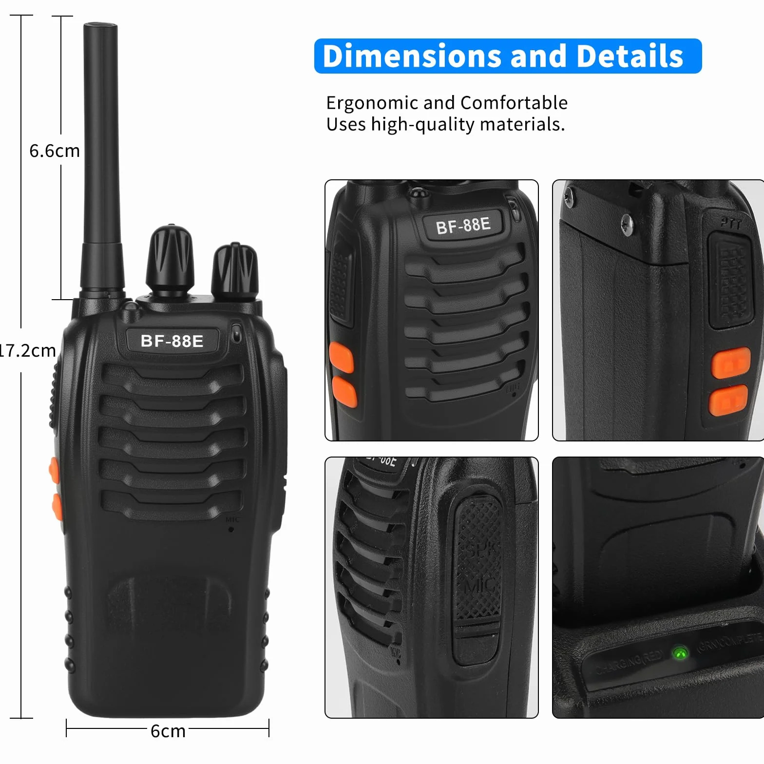 Walkie Talkie Profesionales, USB Recargables 1500mAh, 16 Canales CTCSS DCS, PMR 446 Radiocomunicación con el Auricular Incorporado Antorcha de LED, VOX - 1 Pare Negro BF-88E