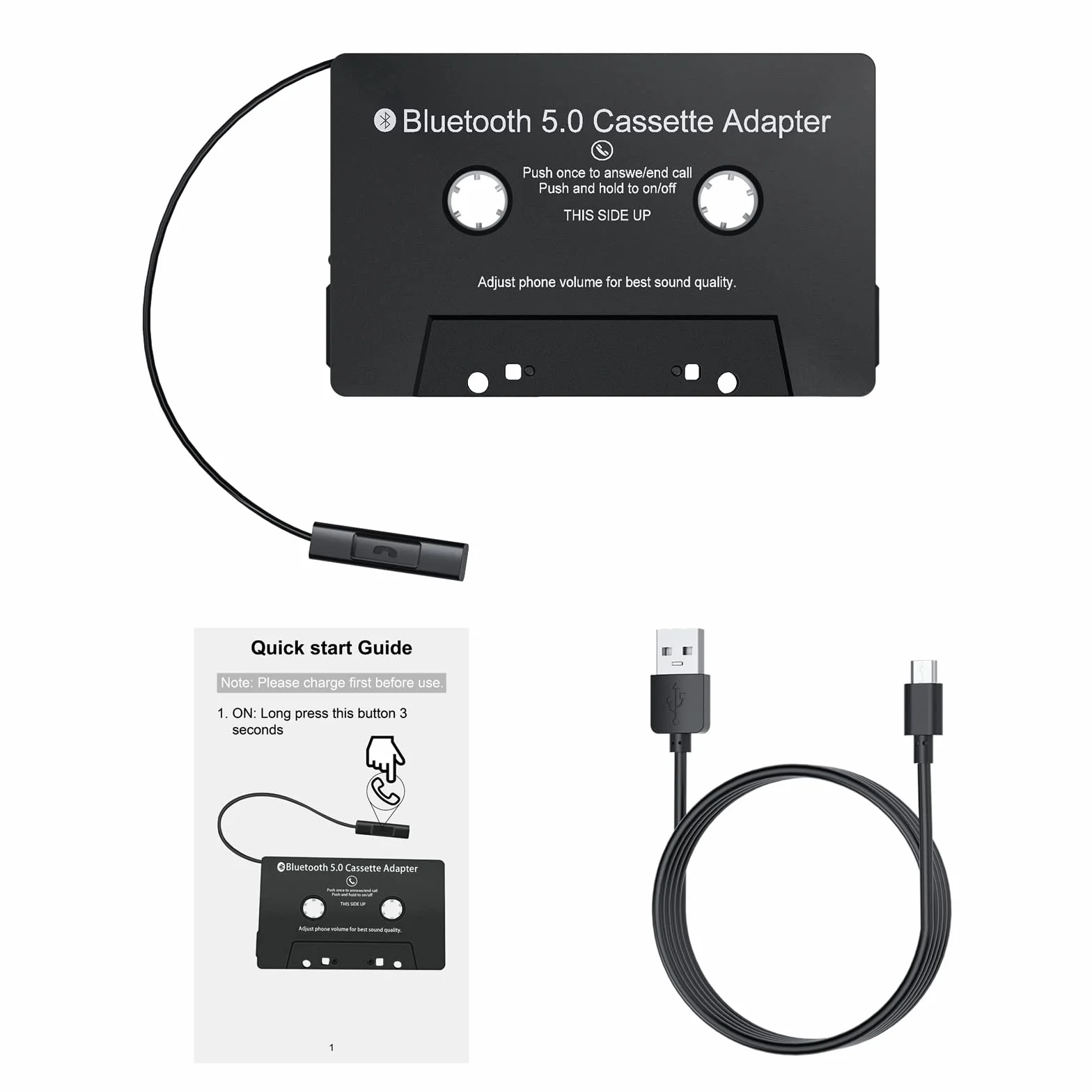 Mersoco Adaptador de cassette Bluetooth 5.0 con función manos libres - Adaptador de cassette para auto a AUX para radio de coche, compatible con smartphone, reproductor MP3, PC