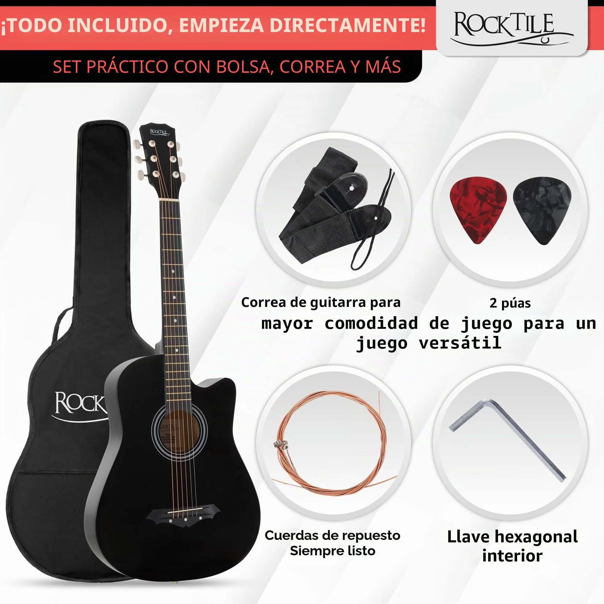Rocktile WSD-5C-BK Slim Line Set De Guitarras Western - Guitarra Acústica Dreadnought - Cuerpo De Tilo - Mástil: Catalpa - Set Incluye Funda, Cuerdas De Repuesto, Correa Y Púas - Negro