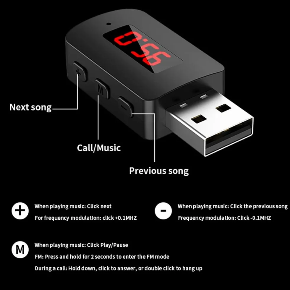coche Bluetooth 5.4 adaptador FM USB transmisor receptor manos libres pantalla LED auto audio
