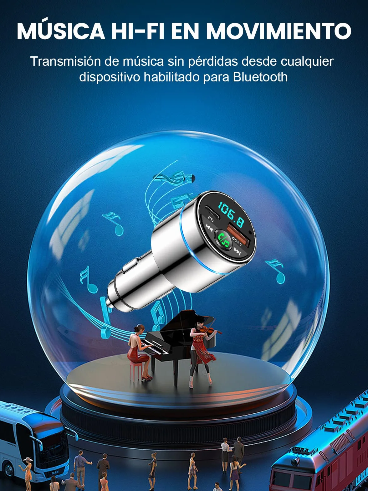 Mohard Transmisor FM Bluetooth Coche 5.3, Metal PD 30W & QC3.0 18W Cargador Coche Rápido, Manos Libres Receptor Música Bluetooth con Cancelación Ruido, con Anillo Luz & Música Alta Fidelida Car