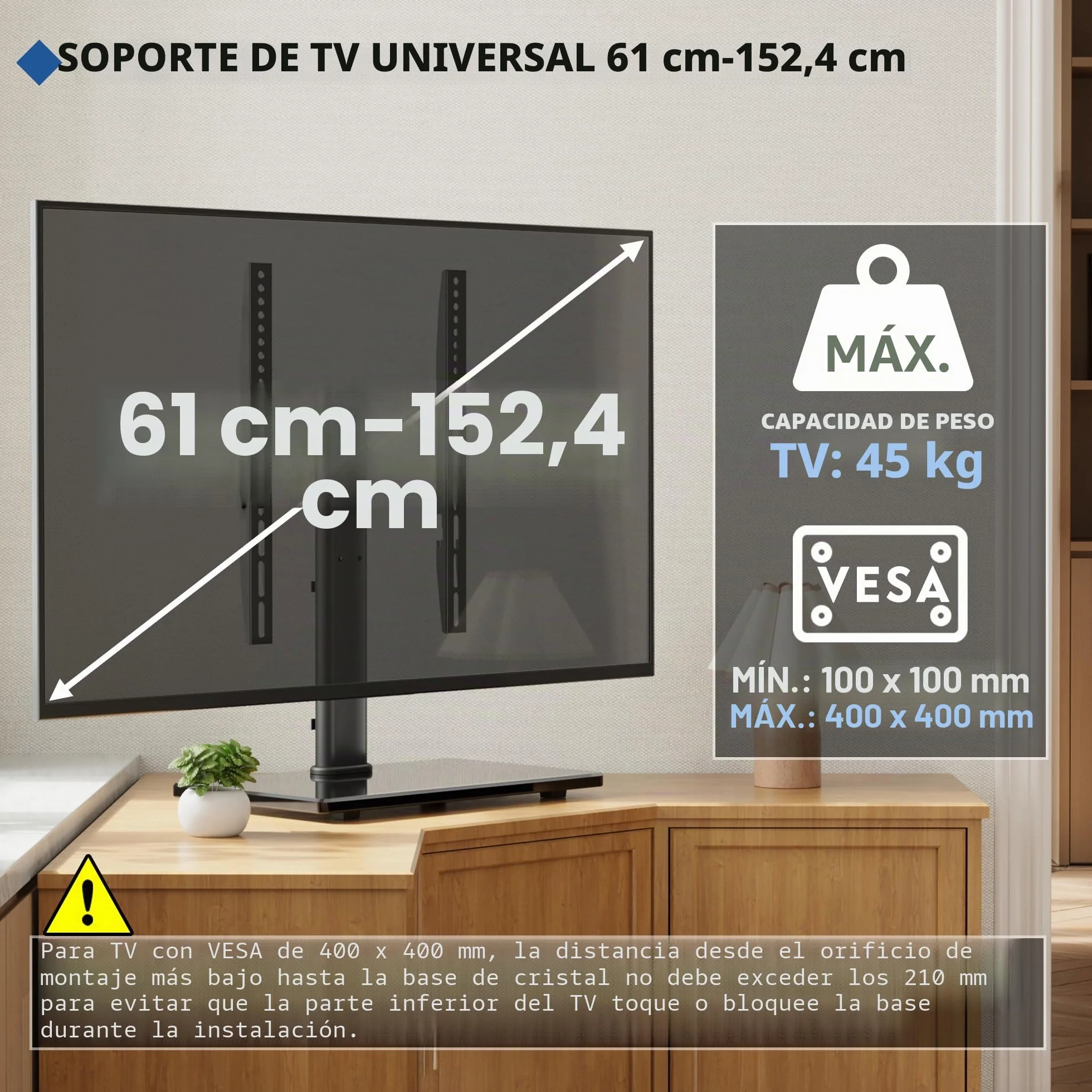 BONTEC Soporte TV Universal, Soporte de Pie para TV Mesa Elevador TV de 24-60 Pulgadas LED/LCD/Plasma/Curva/Plana, Altura Ajustable Plano y Curvo hasta 45 kg, Máx VESA 400x400 mm