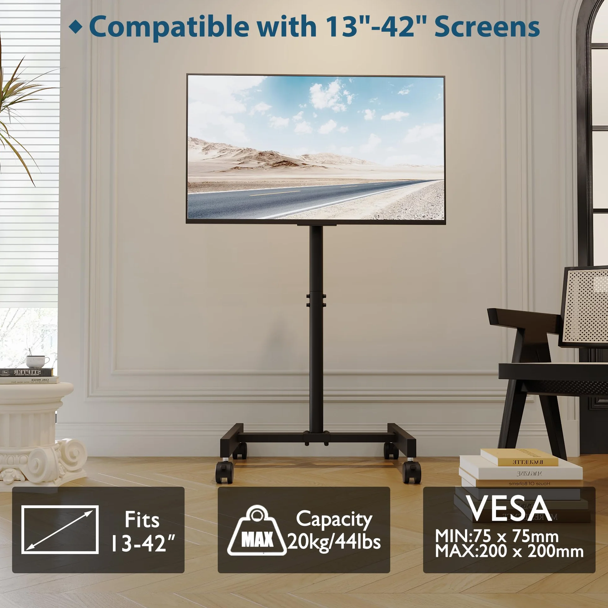 BONTEC Soporte TV Ruedas para Televisores de 13 a 42 Pulgadas, Altura Ajustable, Máx. VESA 200x200mm, 20 kg