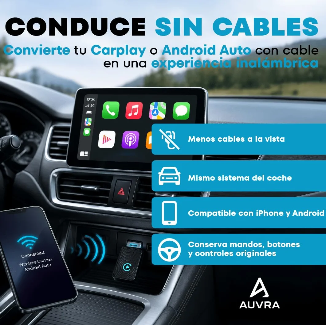Carplay Inalambrico 2026 Adaptador Android Apple Auto Bluetooth USB Accesorio Coche Electronico Interior sin Cable WiFi con Conexion Estable SwiftLink Lite – Auvra