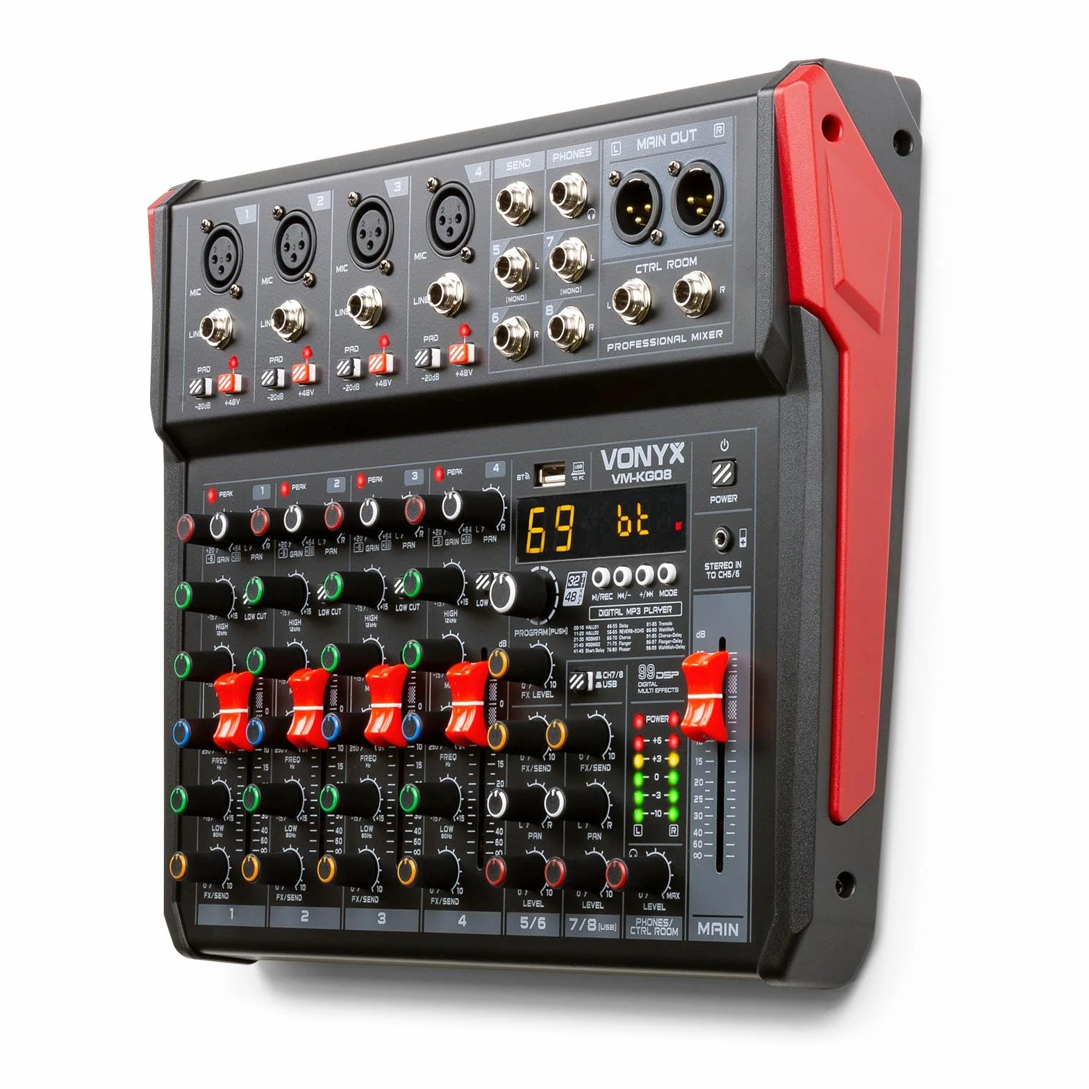 Vonyx VM-KG08 Consola de mezclas de 8 canales - Con Bluetooth, reproductor MP3, interfaz de audio USB, procesador de sonido, alimentación fantasma, pantalla LED, ideal para bares y locales pequeños